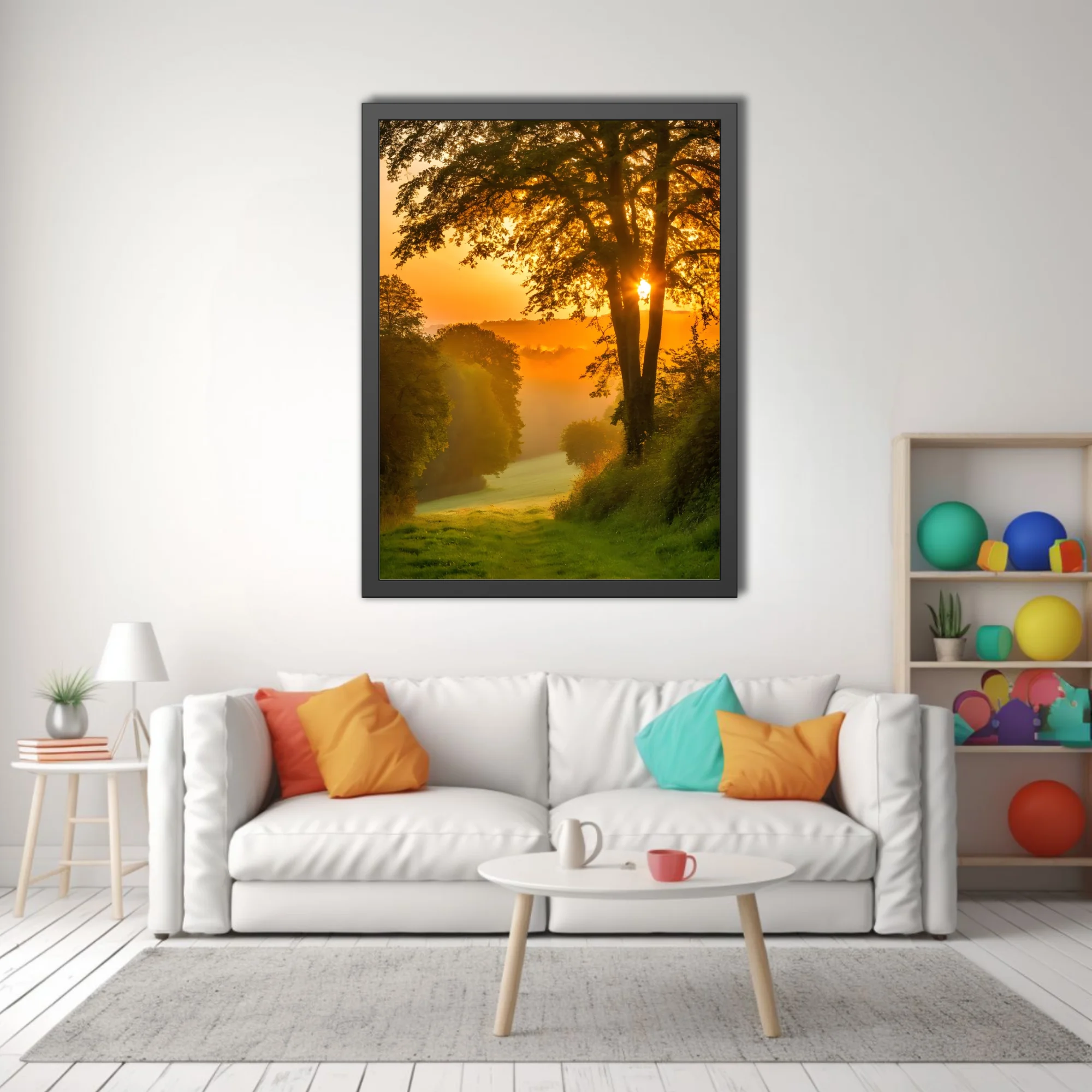 Golden misty sunrise through woodland trees, amber glow, lush green landscape