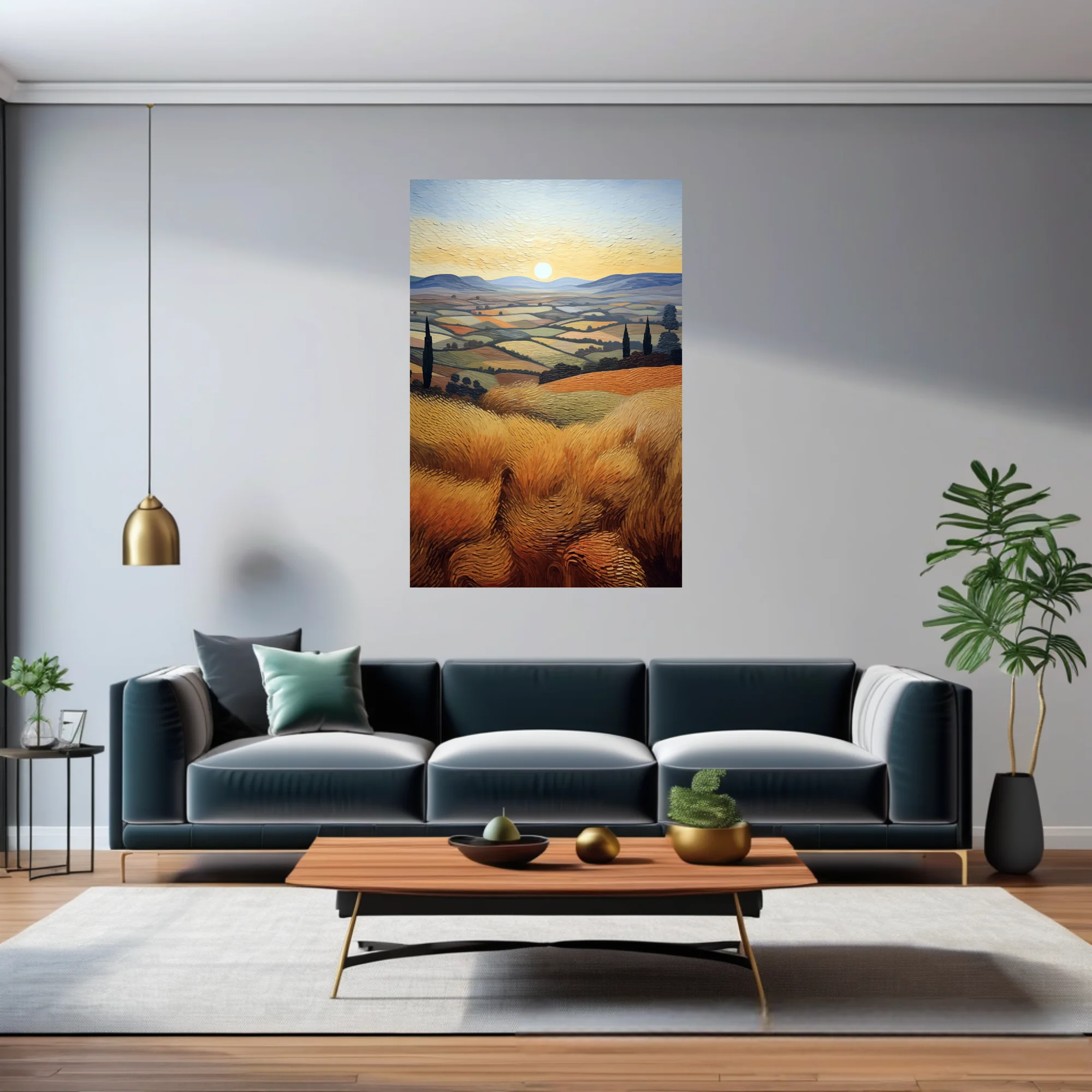 Swirling painterly Tuscan countryside with golden wheat fields, cypress trees, rolling hills, and glowing sun