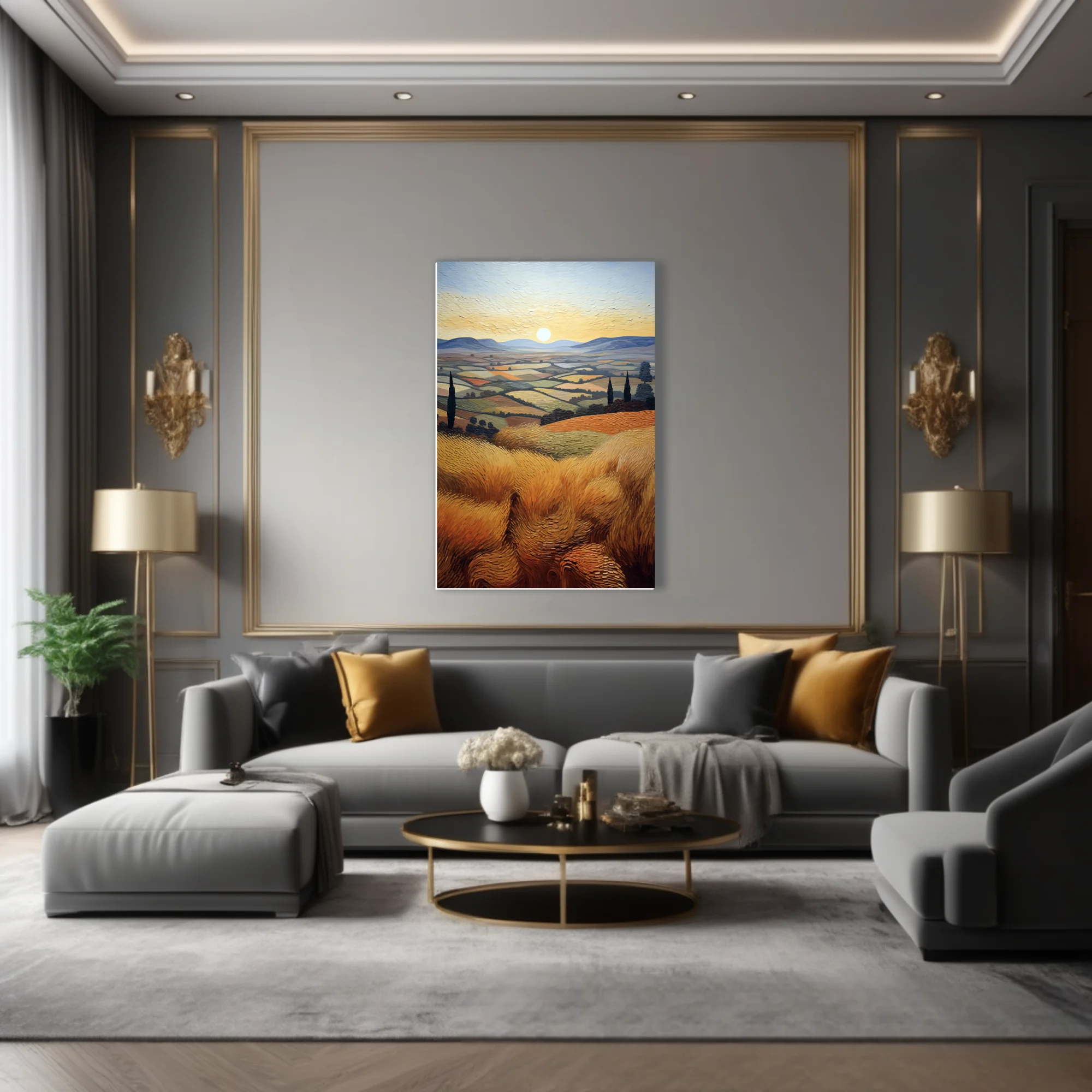 Swirling painterly Tuscan countryside with golden wheat fields, cypress trees, rolling hills, and glowing sun