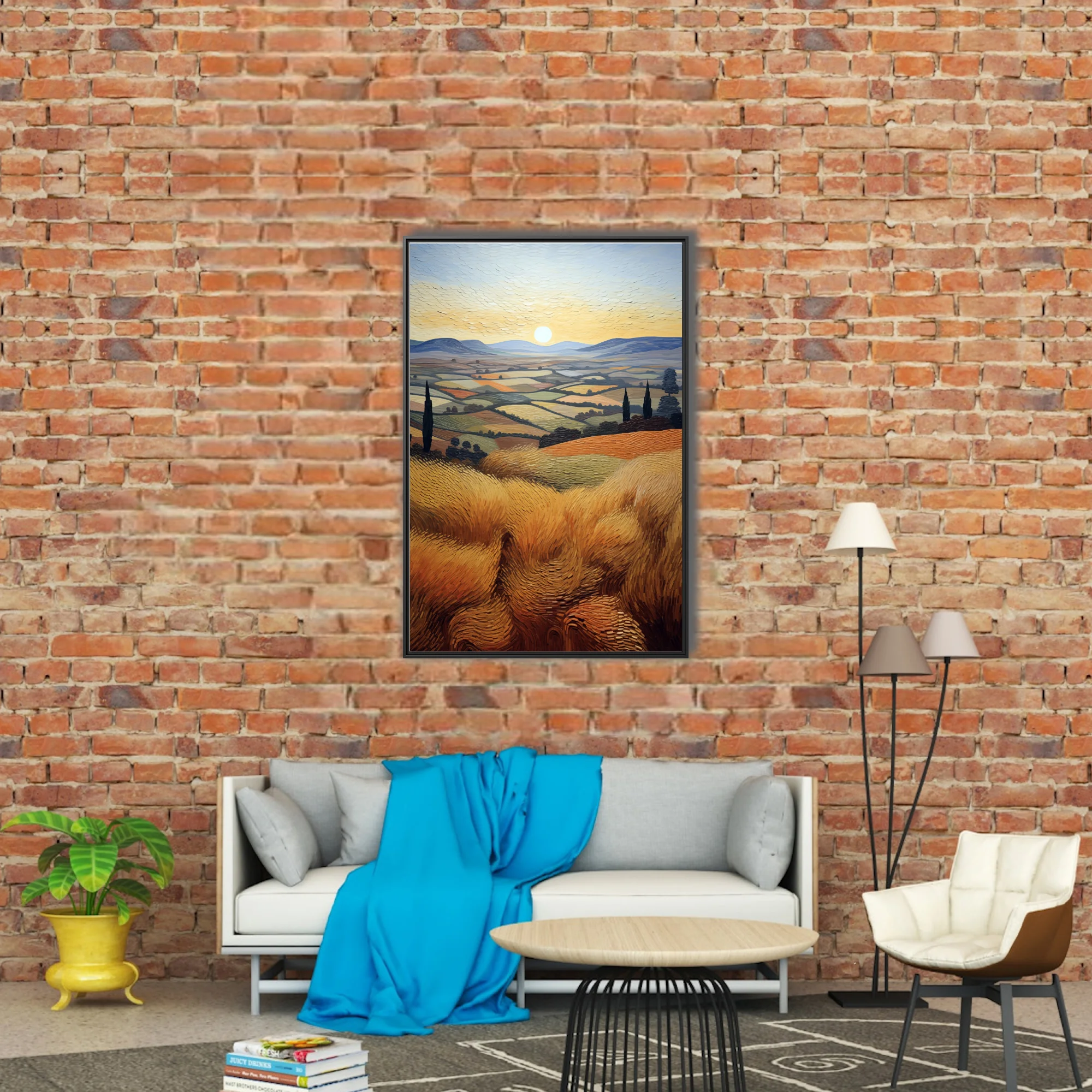 Swirling painterly Tuscan countryside with golden wheat fields, cypress trees, rolling hills, and glowing sun