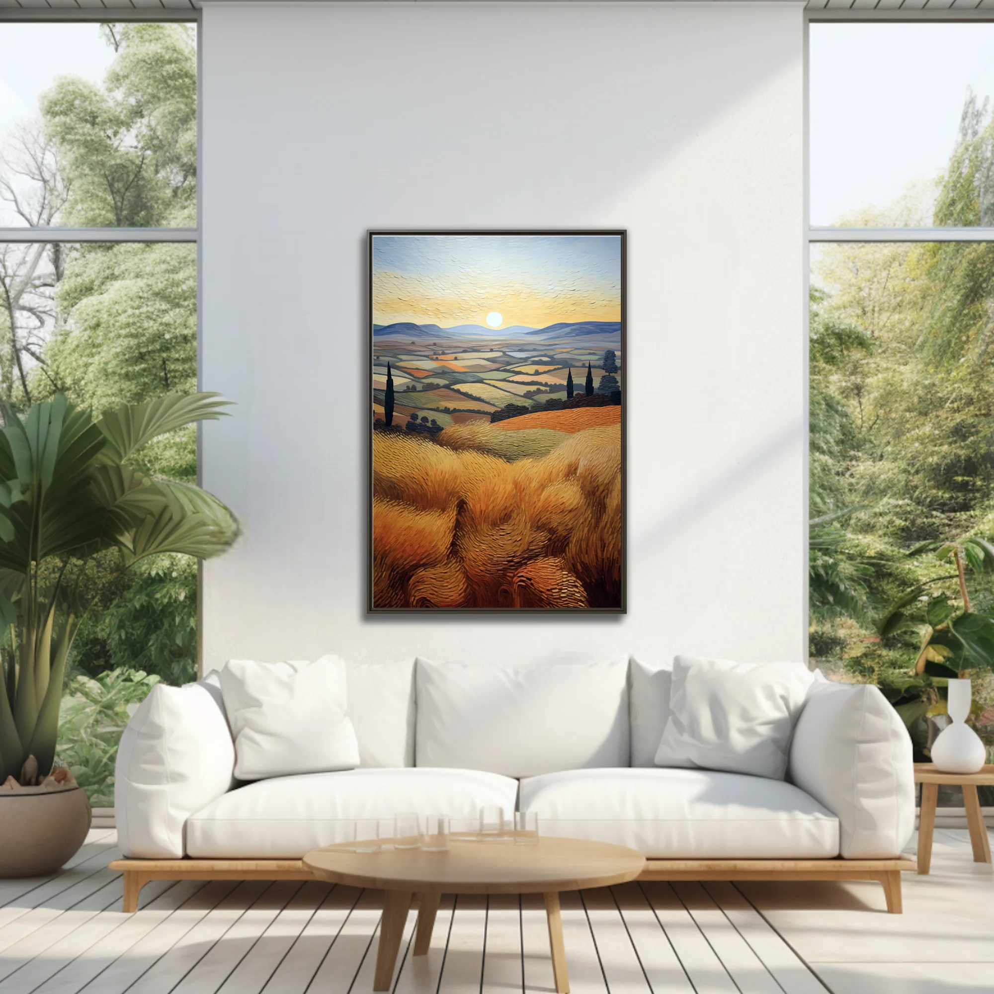Swirling painterly Tuscan countryside with golden wheat fields, cypress trees, rolling hills, and glowing sun