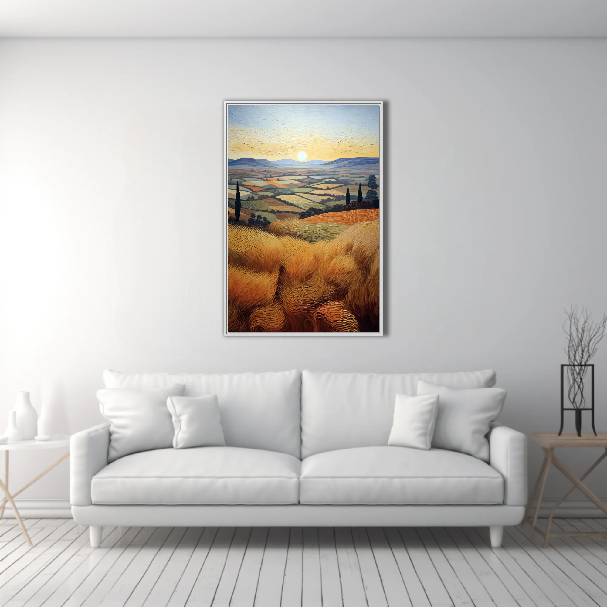 Swirling painterly Tuscan countryside with golden wheat fields, cypress trees, rolling hills, and glowing sun