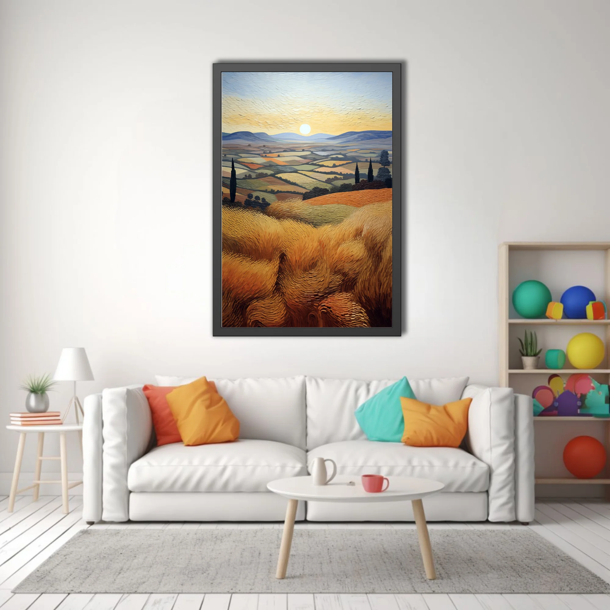 Swirling painterly Tuscan countryside with golden wheat fields, cypress trees, rolling hills, and glowing sun