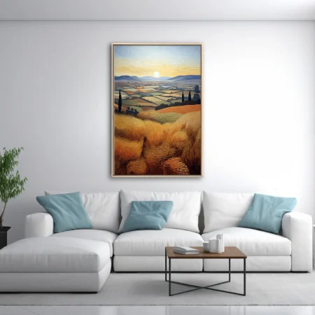 Swirling painterly Tuscan countryside with golden wheat fields, cypress trees, rolling hills, and glowing sun