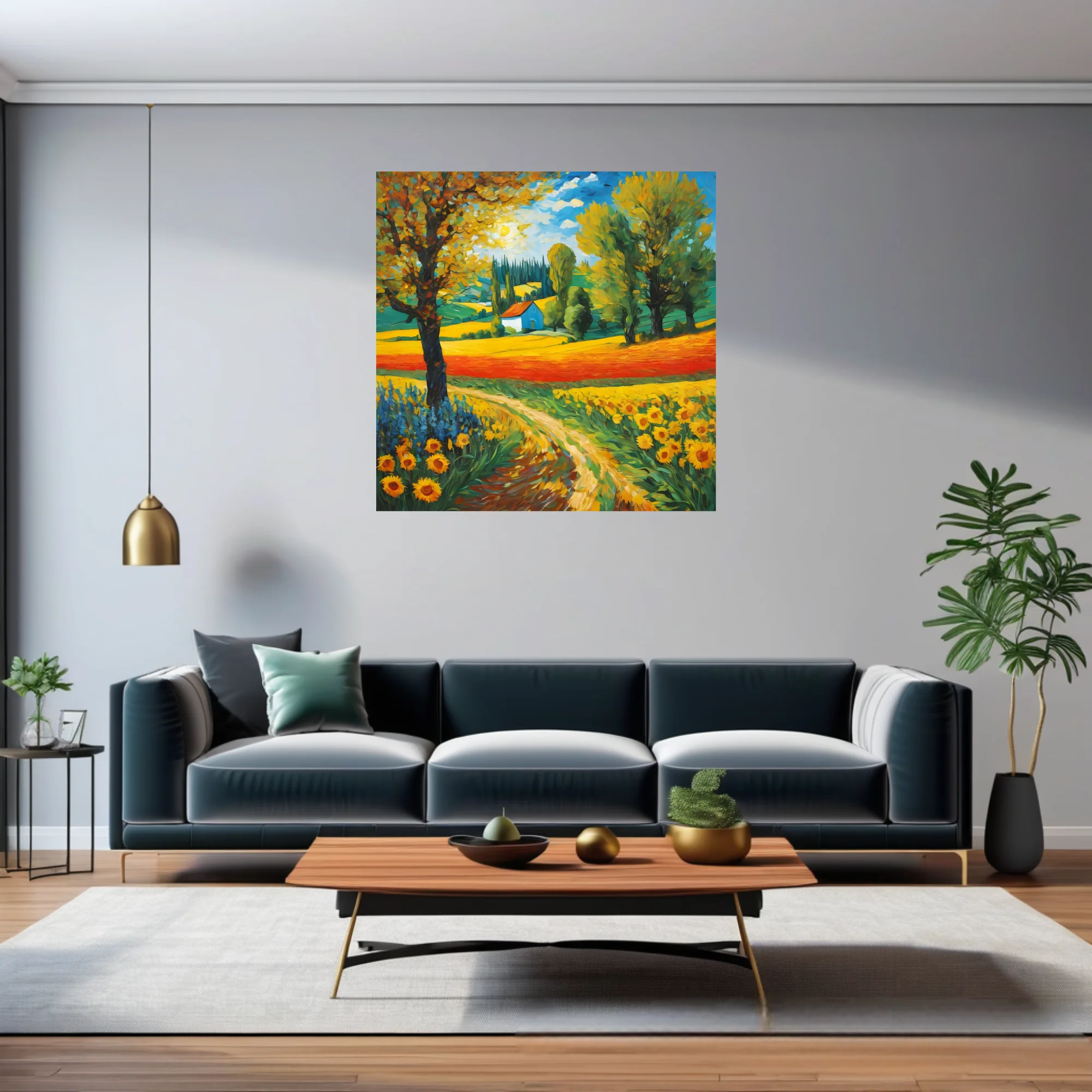 Swirling painterly countryside landscape with sunflowers, cottage, and cypress trees