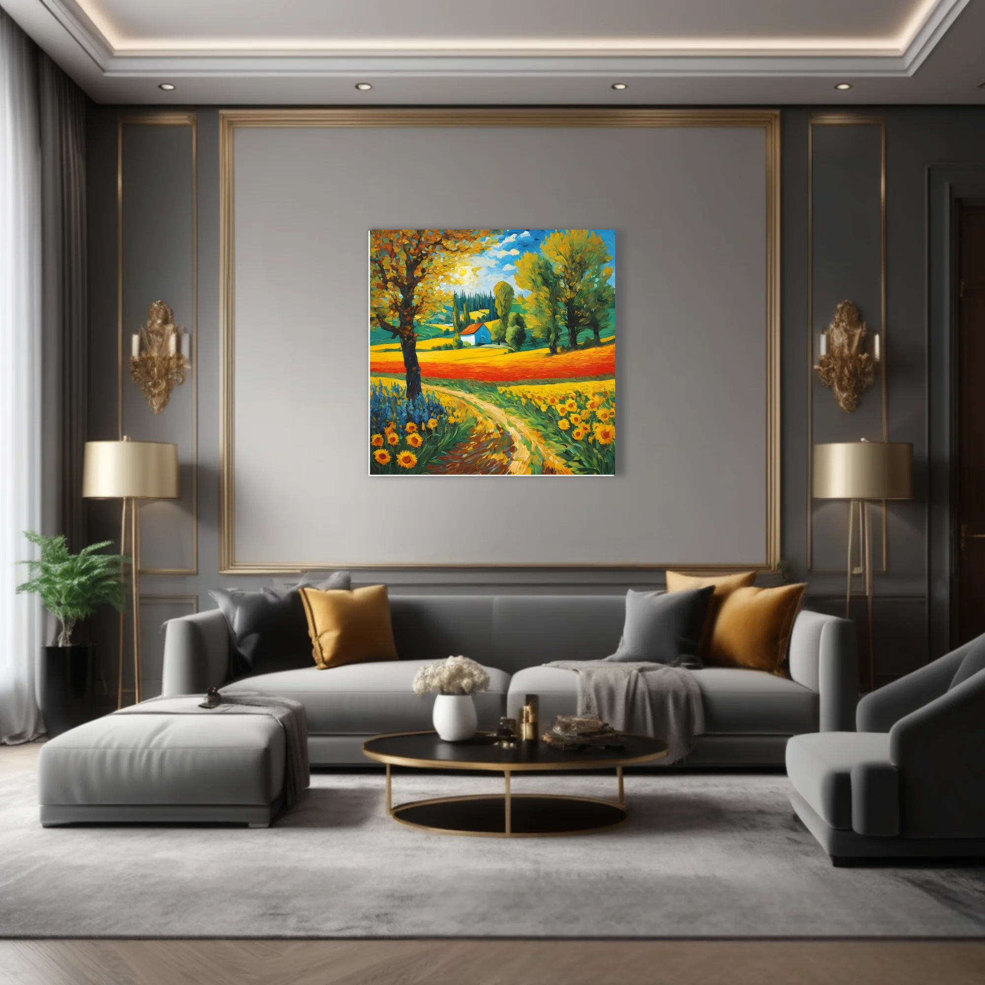 Swirling painterly countryside landscape with sunflowers, cottage, and cypress trees