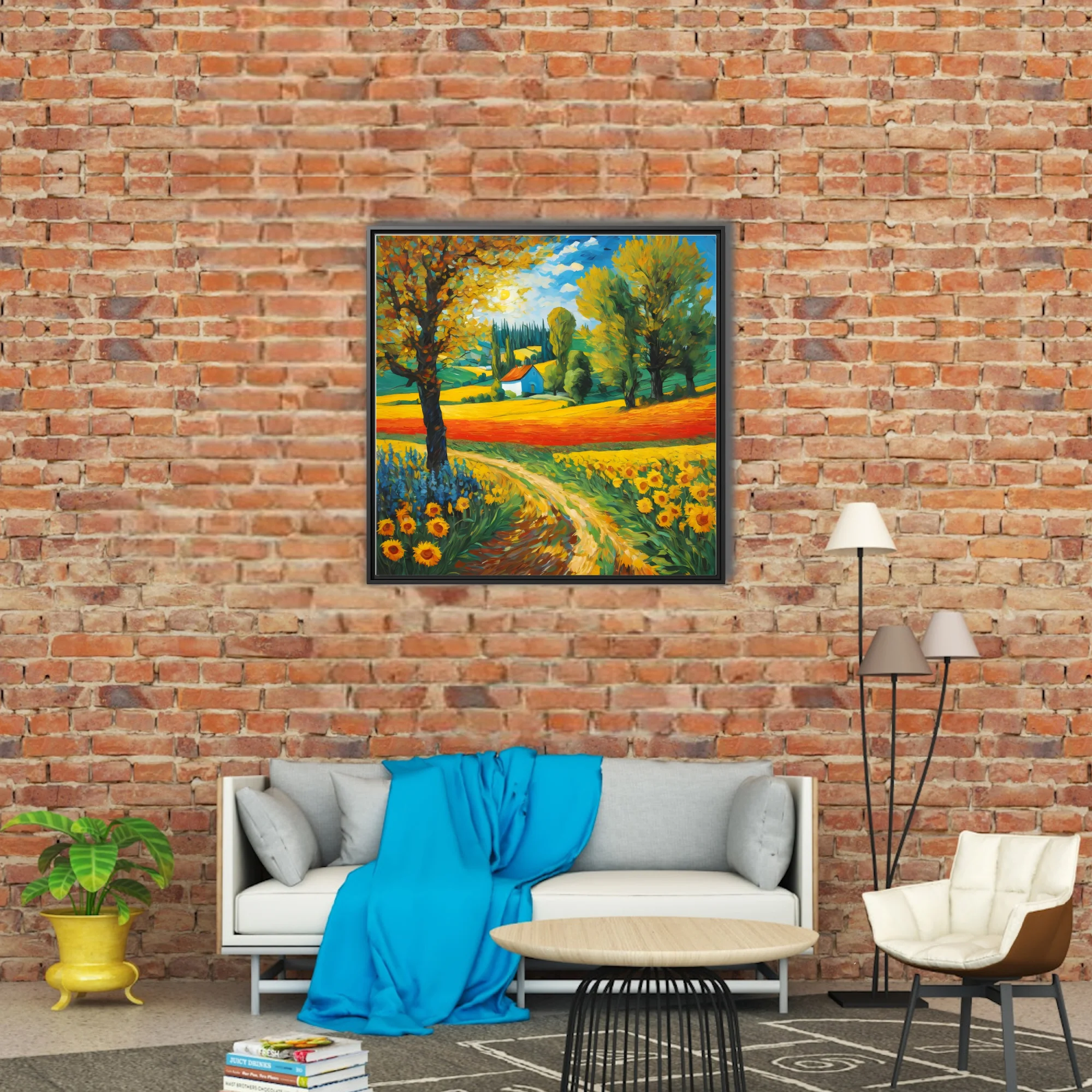 Swirling painterly countryside landscape with sunflowers, cottage, and cypress trees
