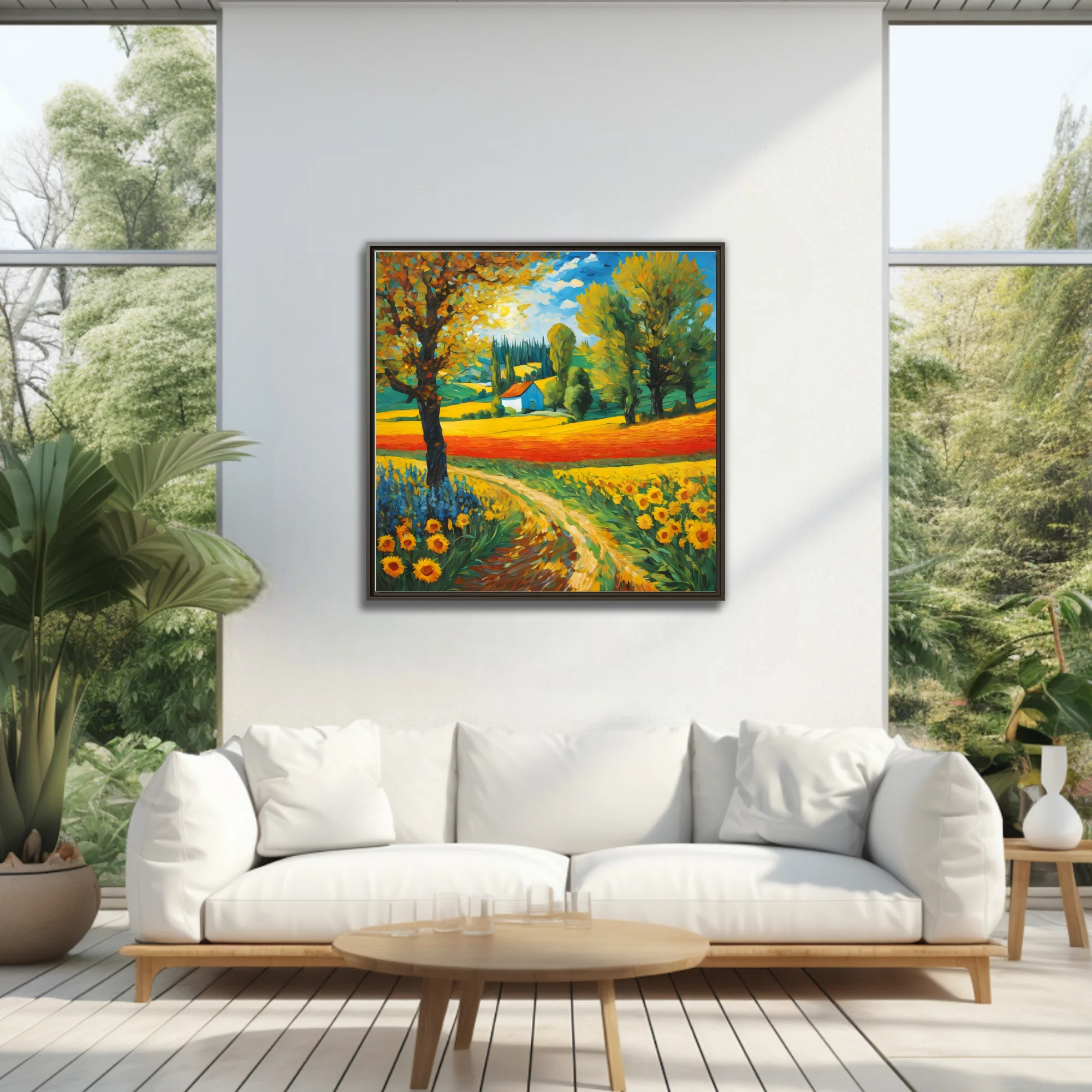 Swirling painterly countryside landscape with sunflowers, cottage, and cypress trees