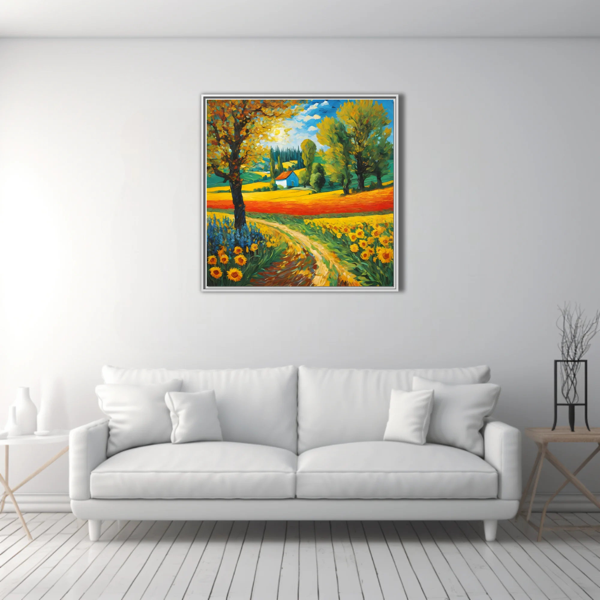 Swirling painterly countryside landscape with sunflowers, cottage, and cypress trees