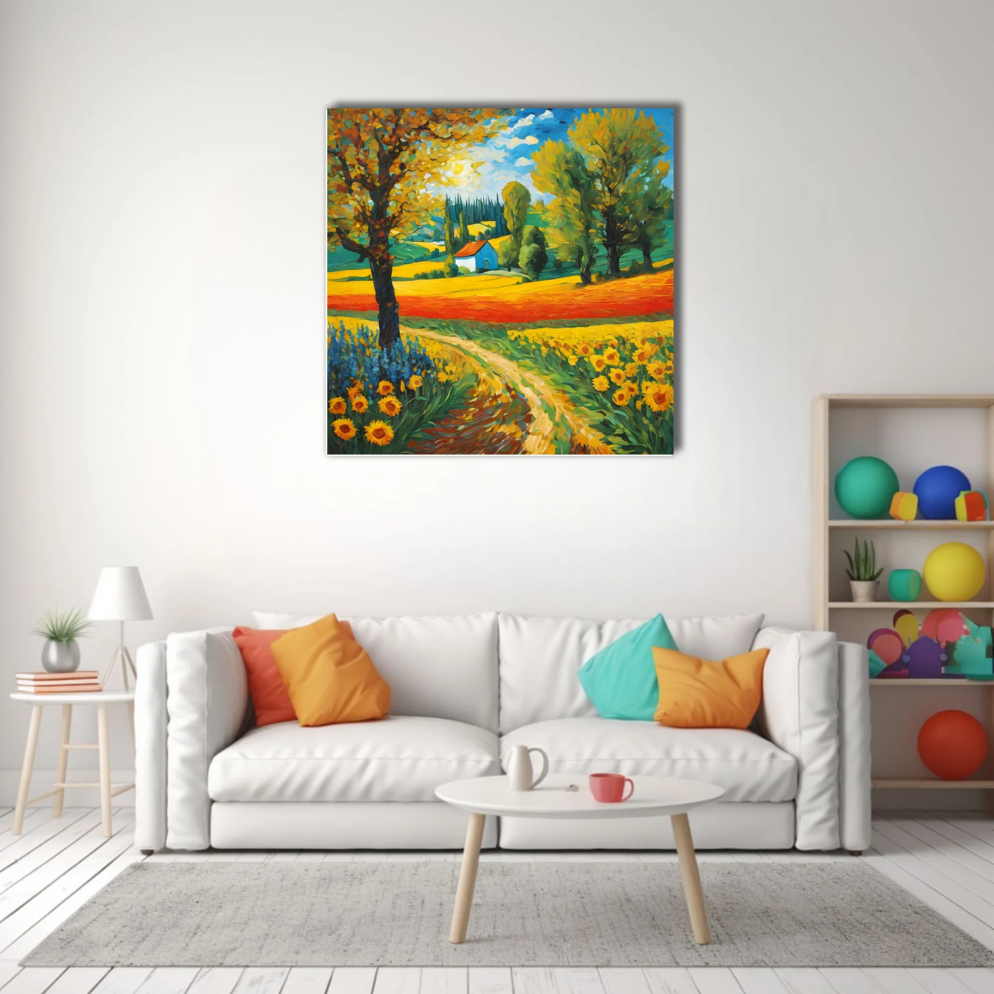 Swirling painterly countryside landscape with sunflowers, cottage, and cypress trees