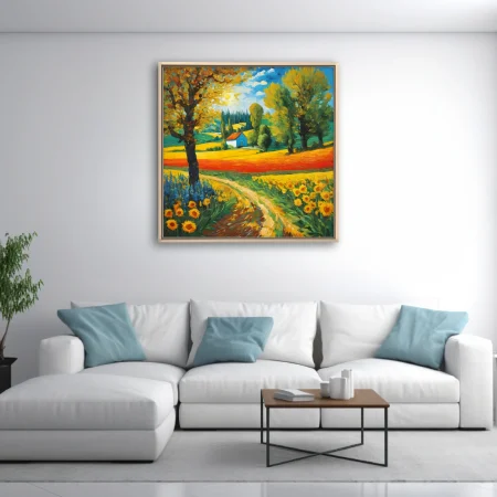 Swirling painterly countryside landscape with sunflowers, cottage, and cypress trees