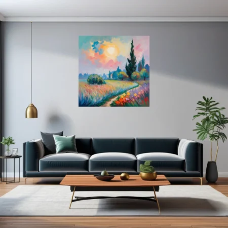 Soft painterly Provençal spring landscape with cypress, wildflowers, winding path, and pastel sunrise sky