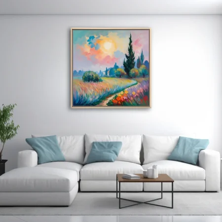 Soft painterly Provençal spring landscape with cypress, wildflowers, winding path, and pastel sunrise sky
