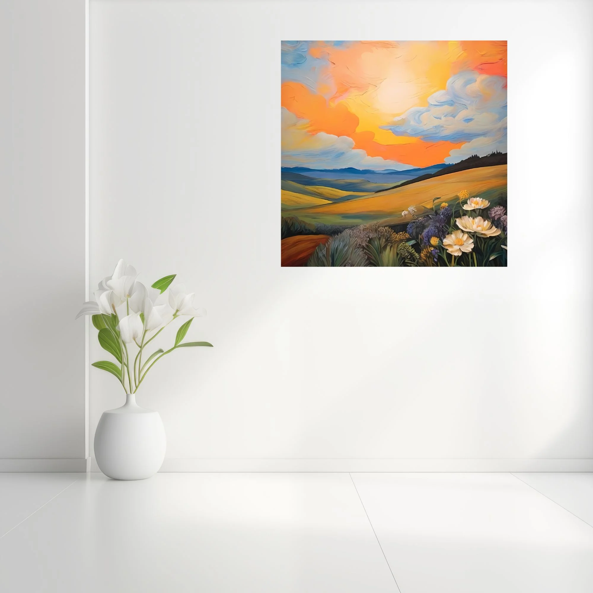 Painterly sunset landscape with rolling hills, wildflowers, and swirling orange clouds in bold strokes
