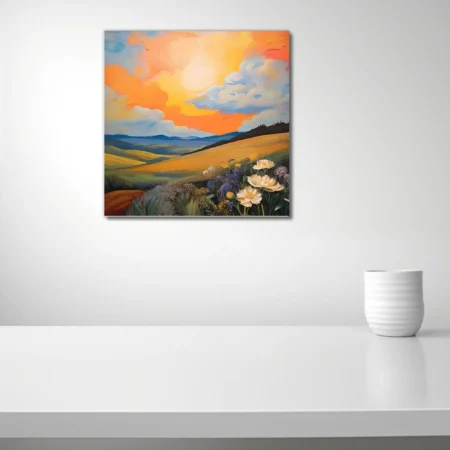 Painterly sunset landscape with rolling hills, wildflowers, and swirling orange clouds in bold strokes