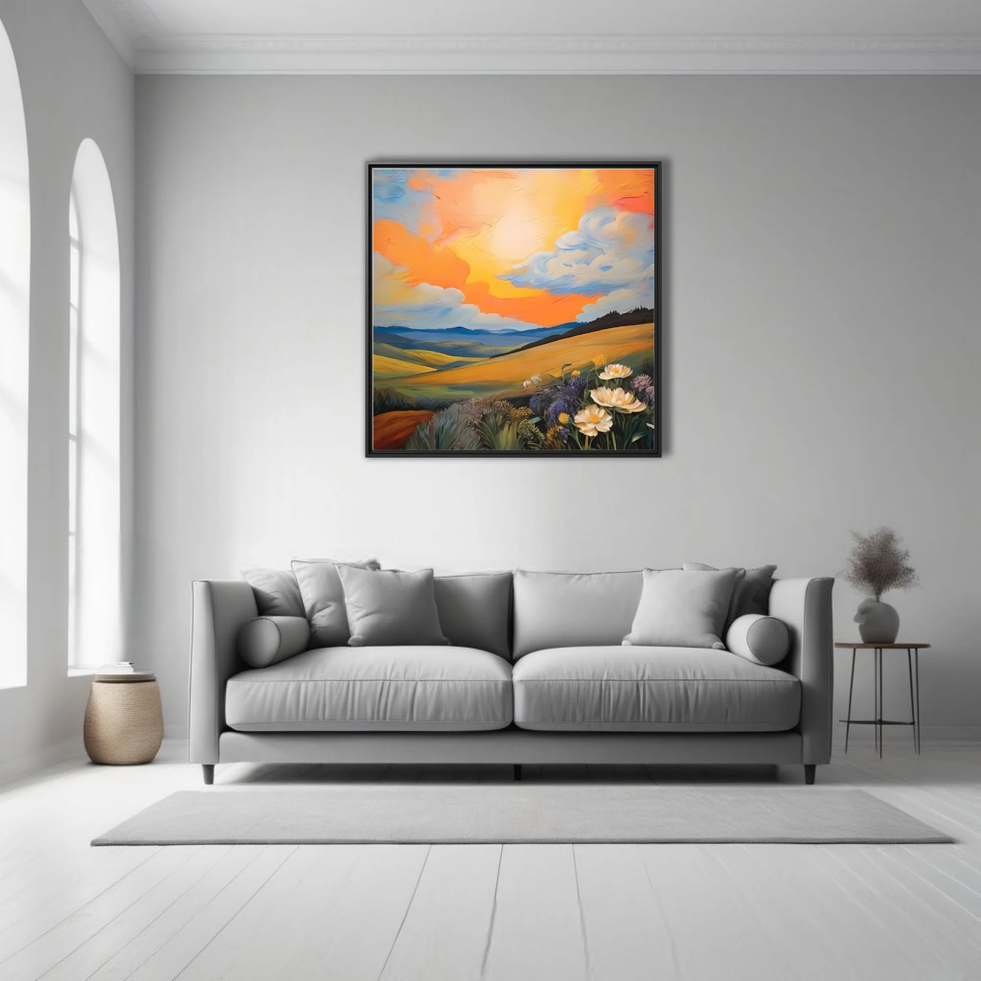 Painterly sunset landscape with rolling hills, wildflowers, and swirling orange clouds in bold strokes