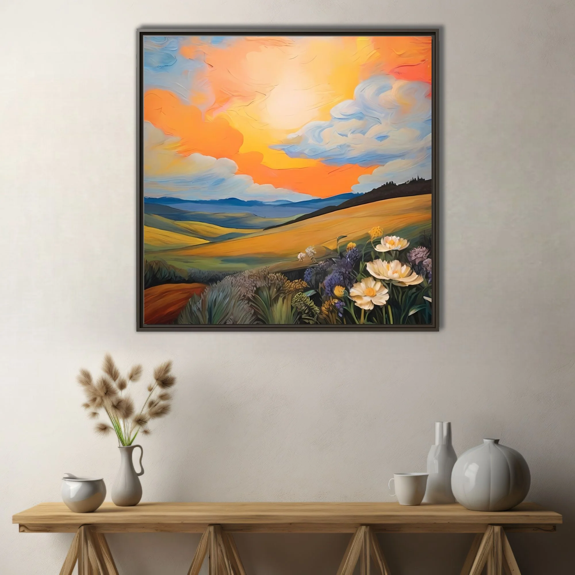 Painterly sunset landscape with rolling hills, wildflowers, and swirling orange clouds in bold strokes