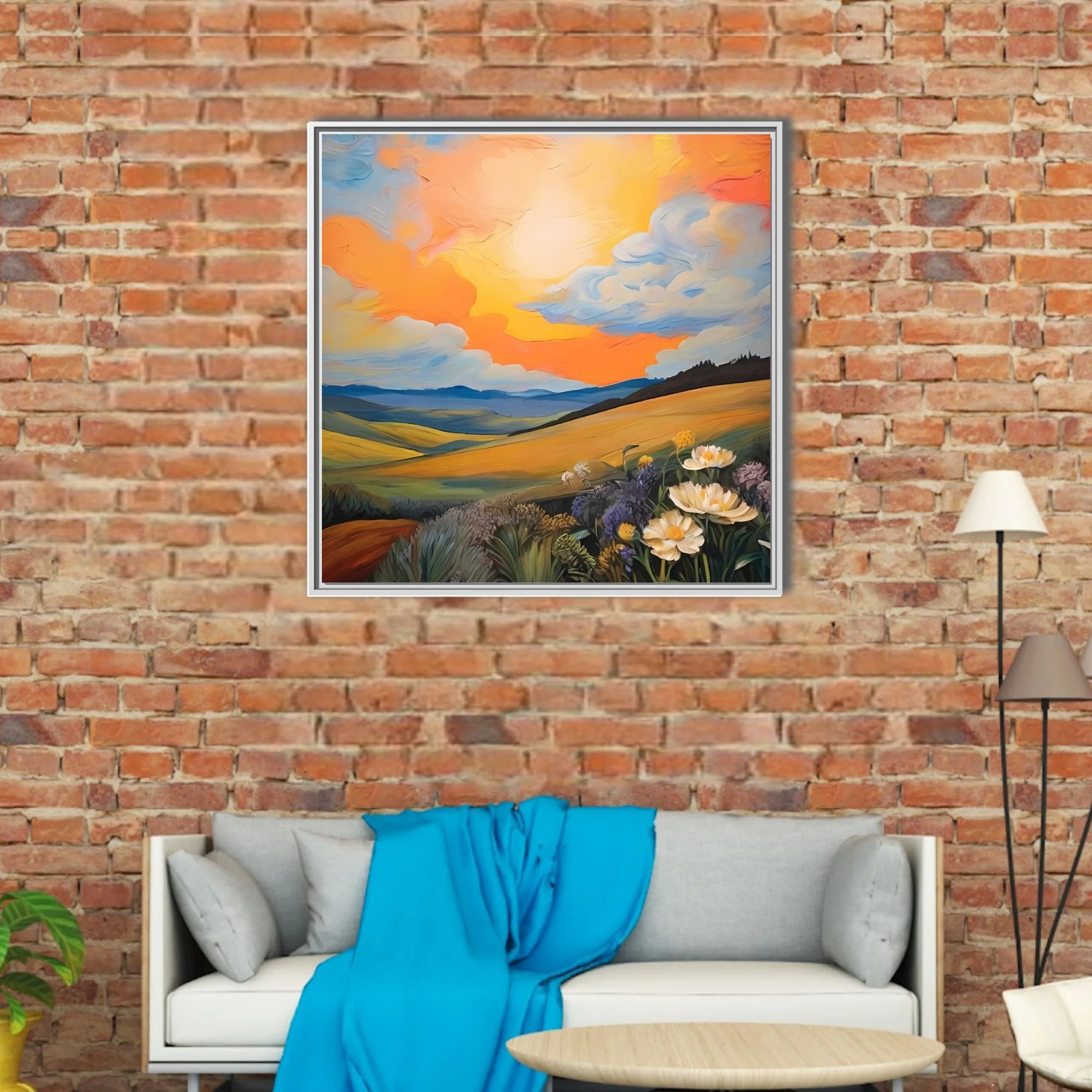 Painterly sunset landscape with rolling hills, wildflowers, and swirling orange clouds in bold strokes