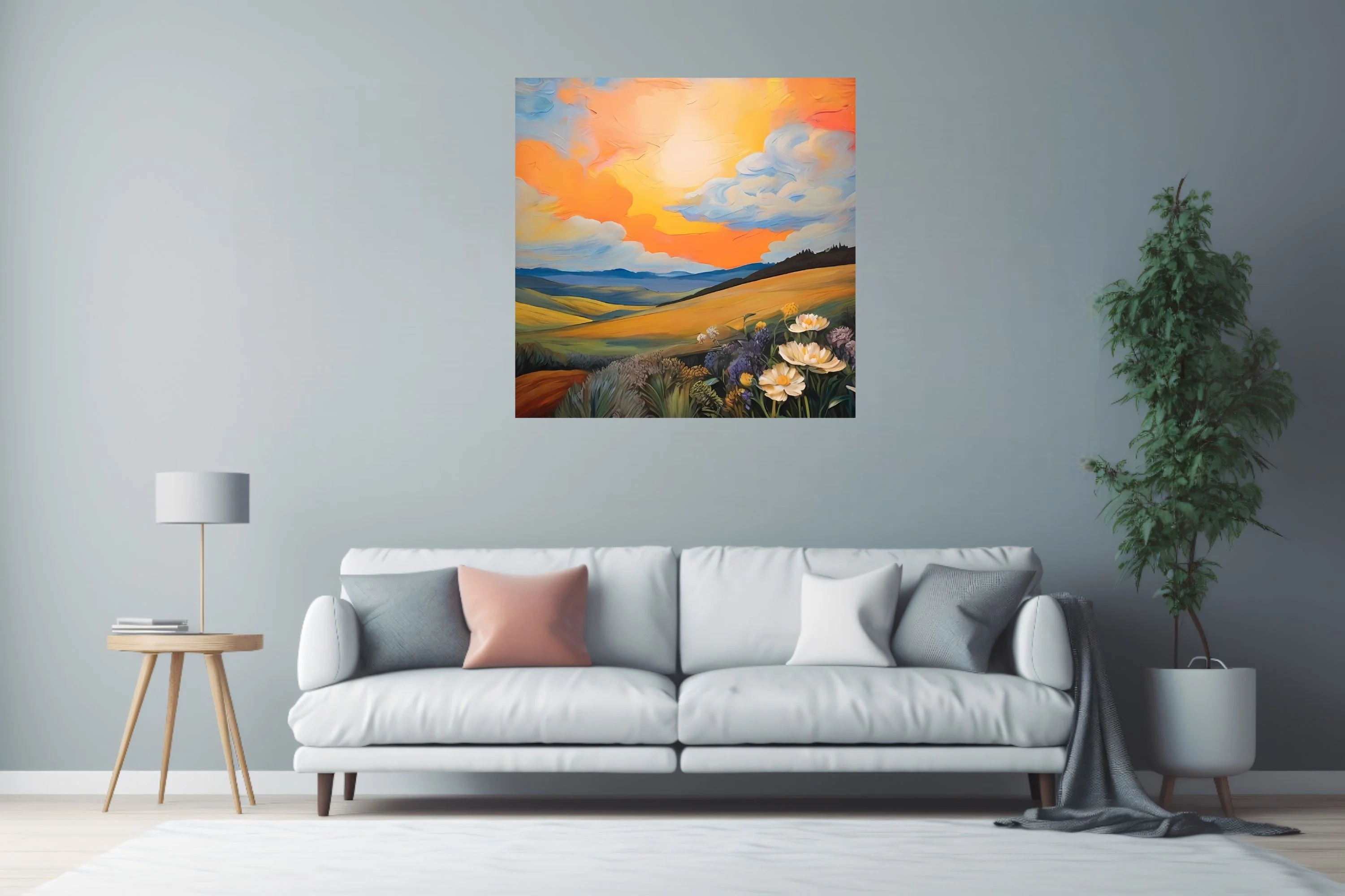 Painterly sunset landscape with rolling hills, wildflowers, and swirling orange clouds in bold strokes