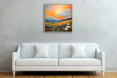 Painterly sunset landscape with rolling hills, wildflowers, and swirling orange clouds in bold strokes