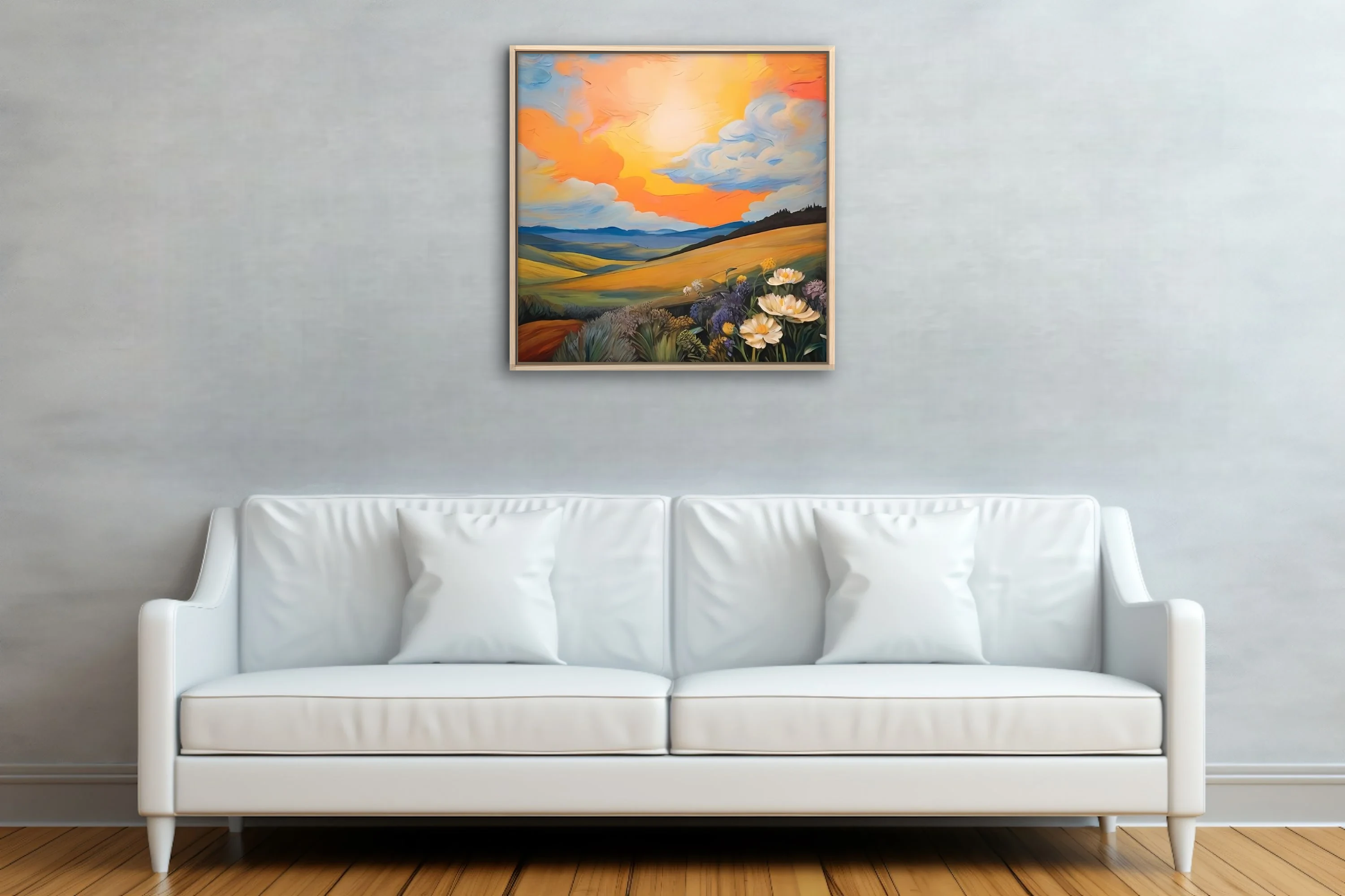 Painterly sunset landscape with rolling hills, wildflowers, and swirling orange clouds in bold strokes