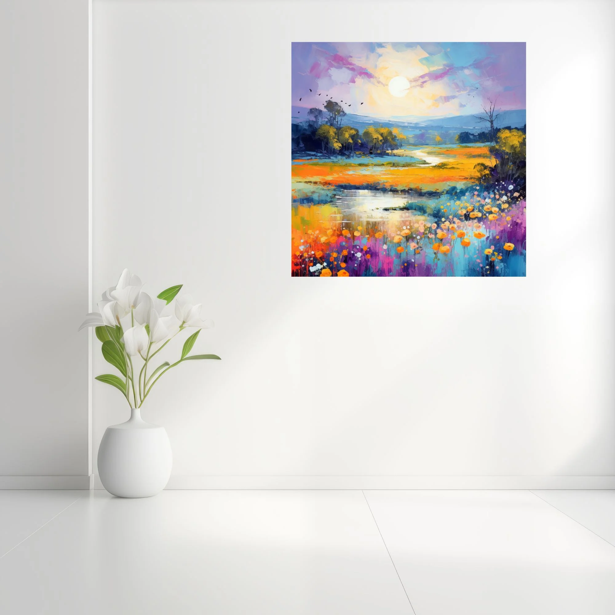 Vivid painterly landscape with wildflower meadow, winding stream and glowing sun in saffron and violet tones