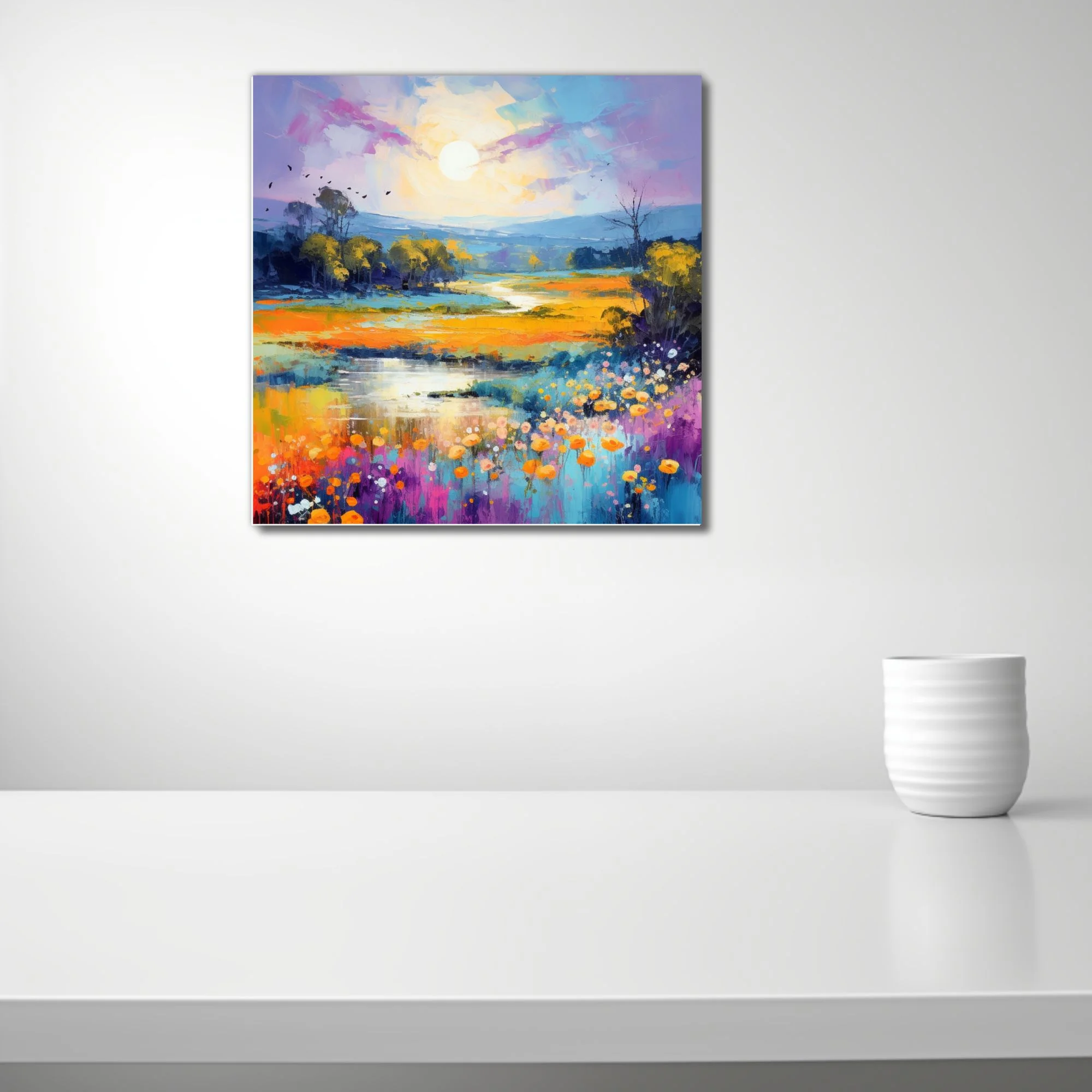 Vivid painterly landscape with wildflower meadow, winding stream and glowing sun in saffron and violet tones