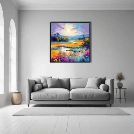 Vivid painterly landscape with wildflower meadow, winding stream and glowing sun in saffron and violet tones