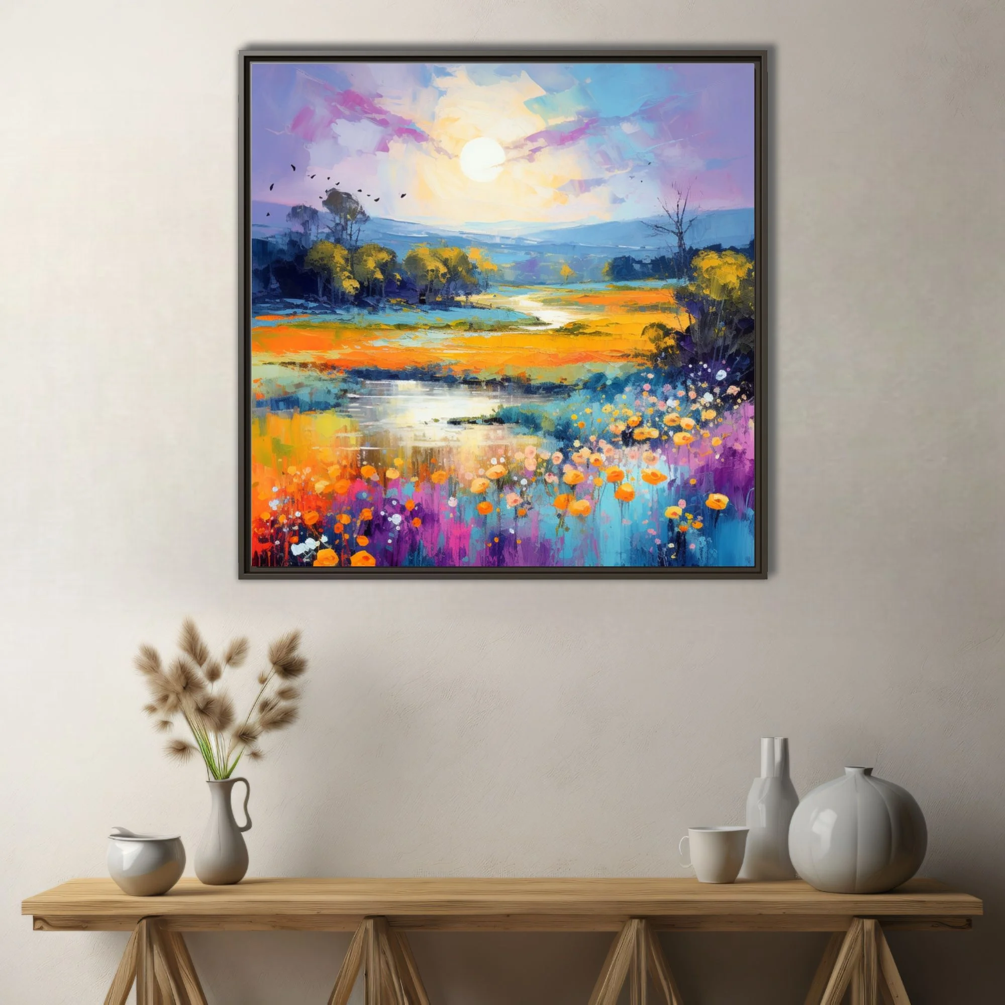 Vivid painterly landscape with wildflower meadow, winding stream and glowing sun in saffron and violet tones