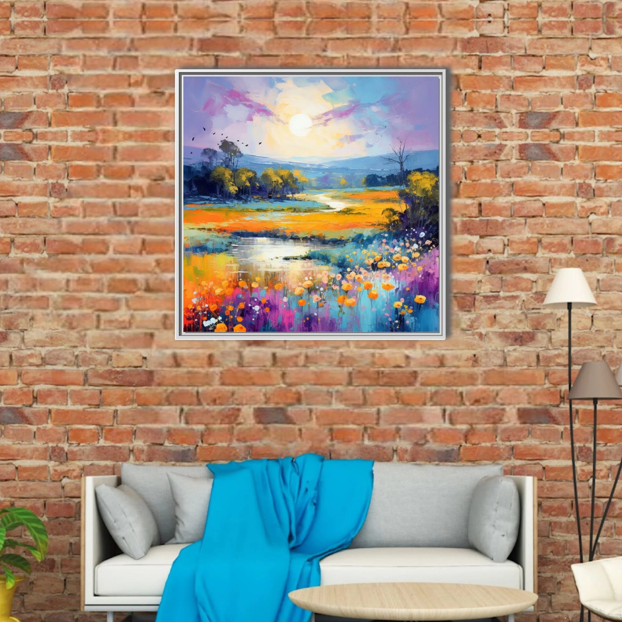 Vivid painterly landscape with wildflower meadow, winding stream and glowing sun in saffron and violet tones