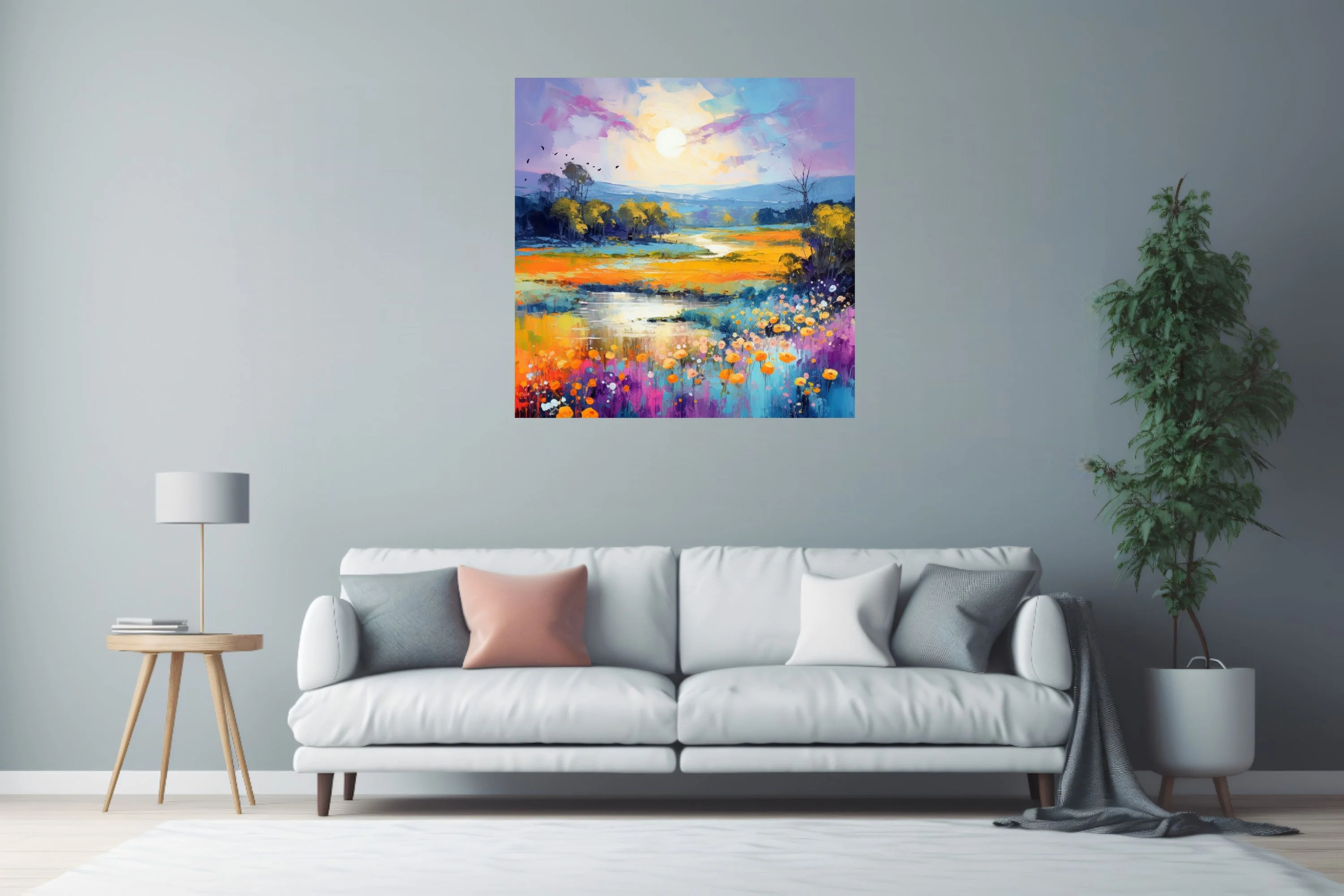 Vivid painterly landscape with wildflower meadow, winding stream and glowing sun in saffron and violet tones