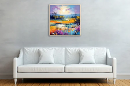 Vivid painterly landscape with wildflower meadow, winding stream and glowing sun in saffron and violet tones