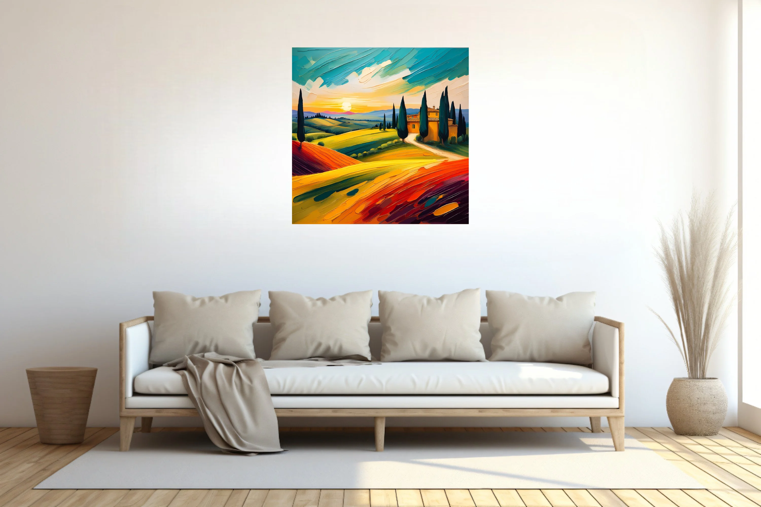 Vibrant Tuscan landscape with cypress trees, farmhouse and sunset over rolling hills