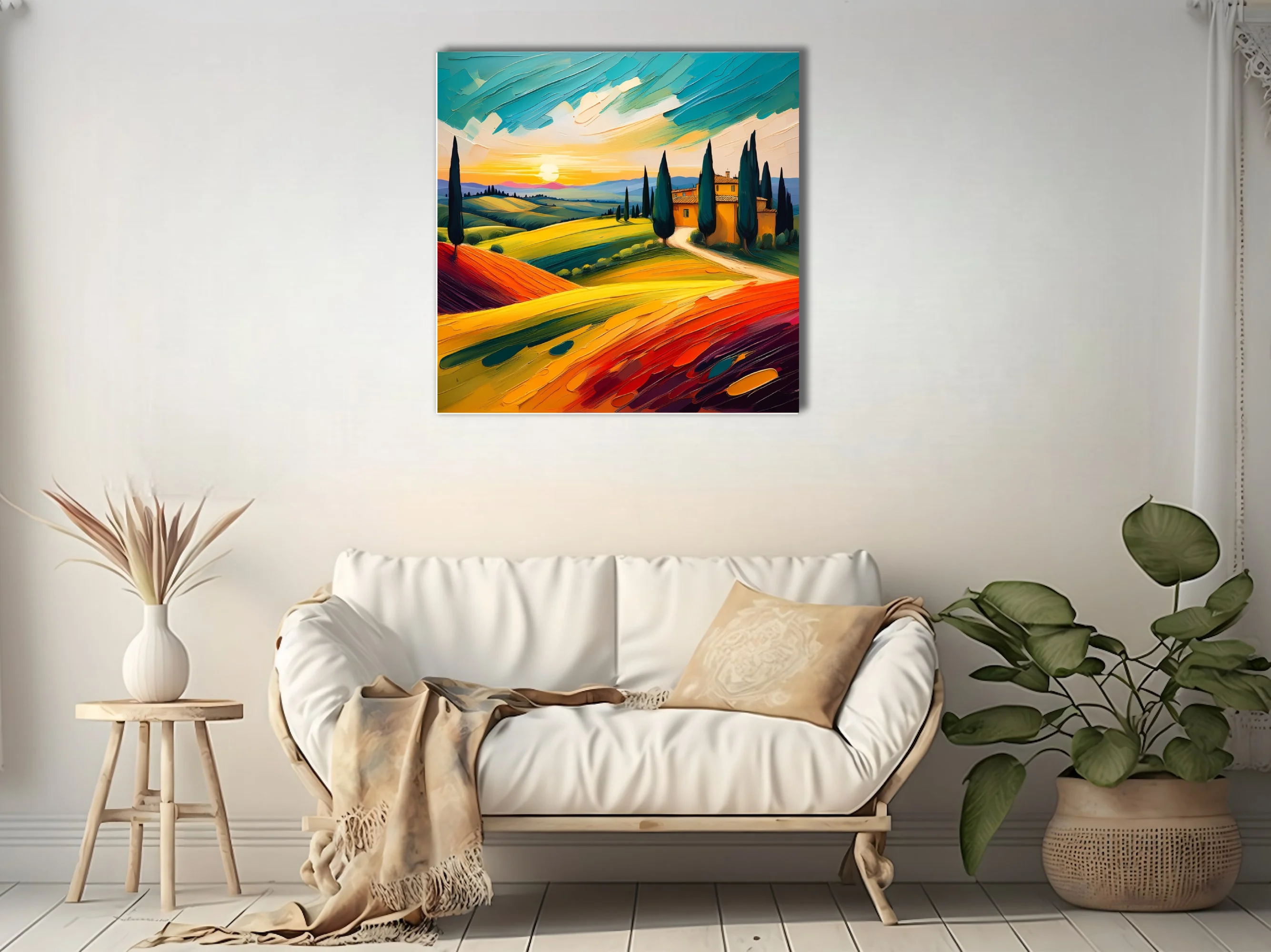 Vibrant Tuscan landscape with cypress trees, farmhouse and sunset over rolling hills