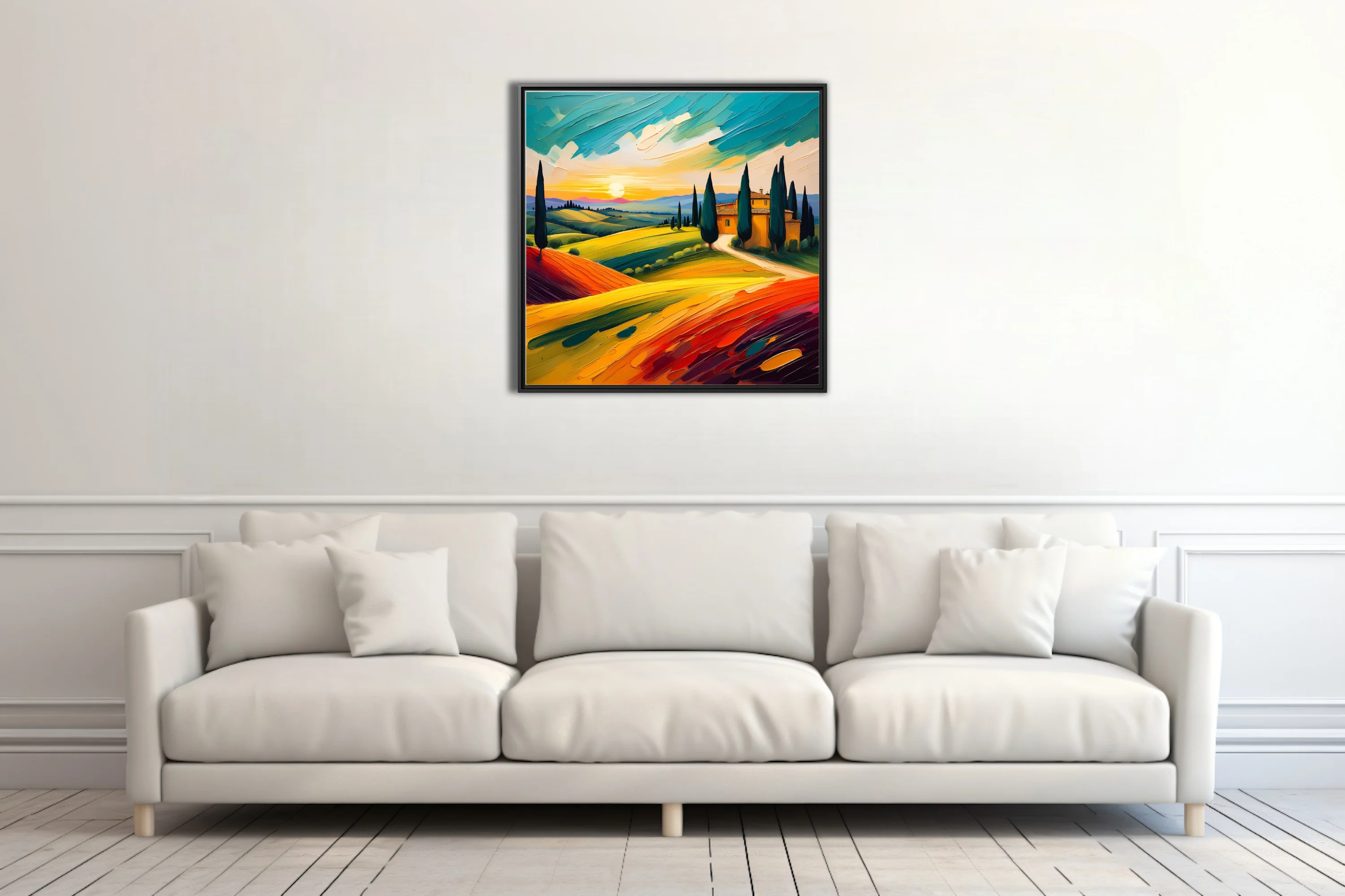 Vibrant Tuscan landscape with cypress trees, farmhouse and sunset over rolling hills