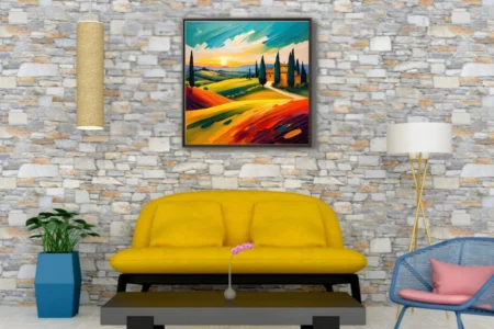 Vibrant Tuscan landscape with cypress trees, farmhouse and sunset over rolling hills