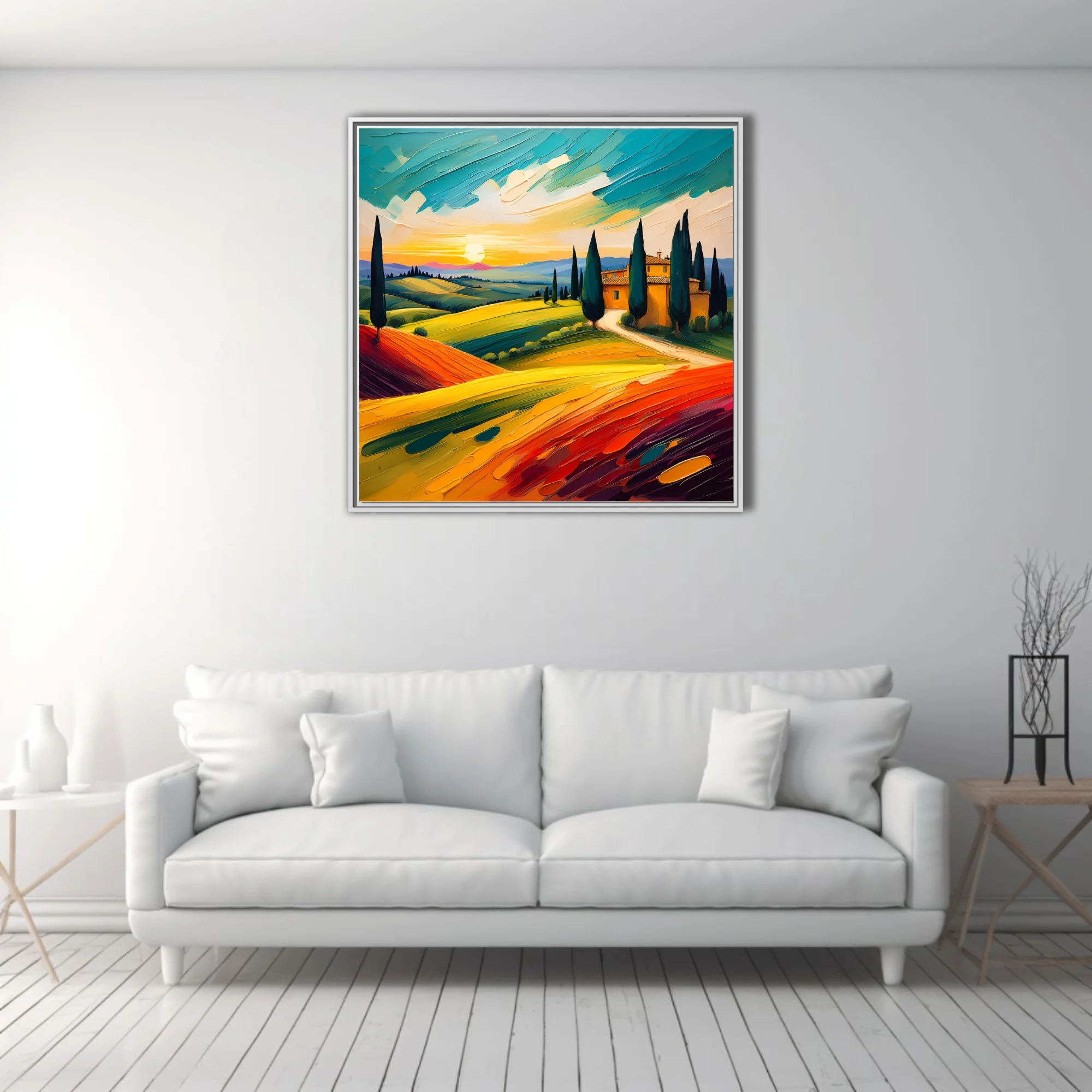 Vibrant Tuscan landscape with cypress trees, farmhouse and sunset over rolling hills