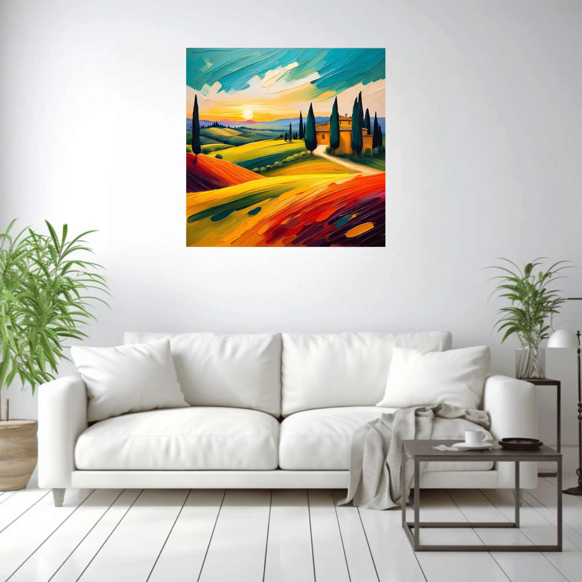 Vibrant Tuscan landscape with cypress trees, farmhouse and sunset over rolling hills