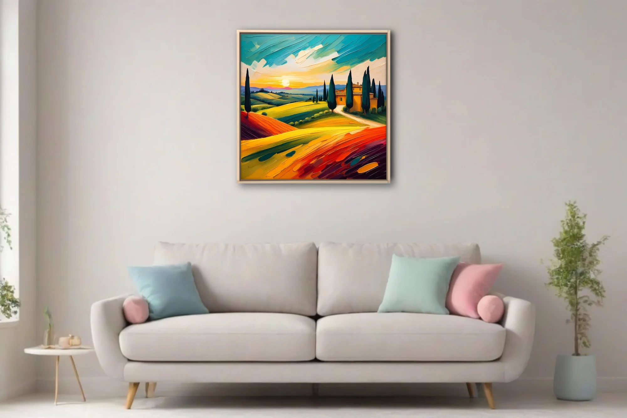 Vibrant Tuscan landscape with cypress trees, farmhouse and sunset over rolling hills