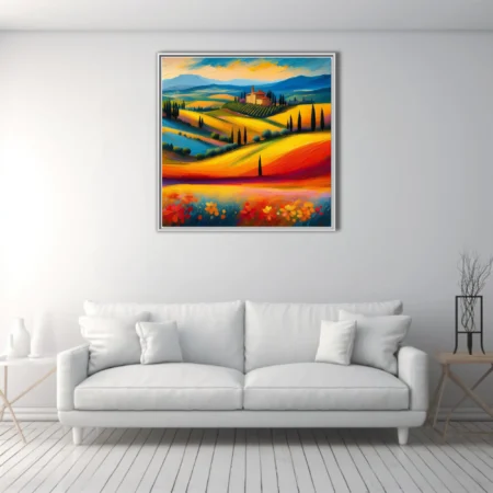 Vibrant landscape with vivid rolling fields, cypress trees, and warm saturated palette