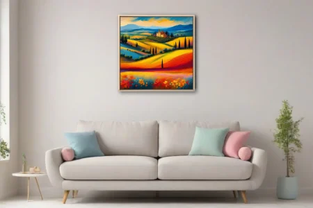 Vibrant landscape with vivid rolling fields, cypress trees, and warm saturated palette