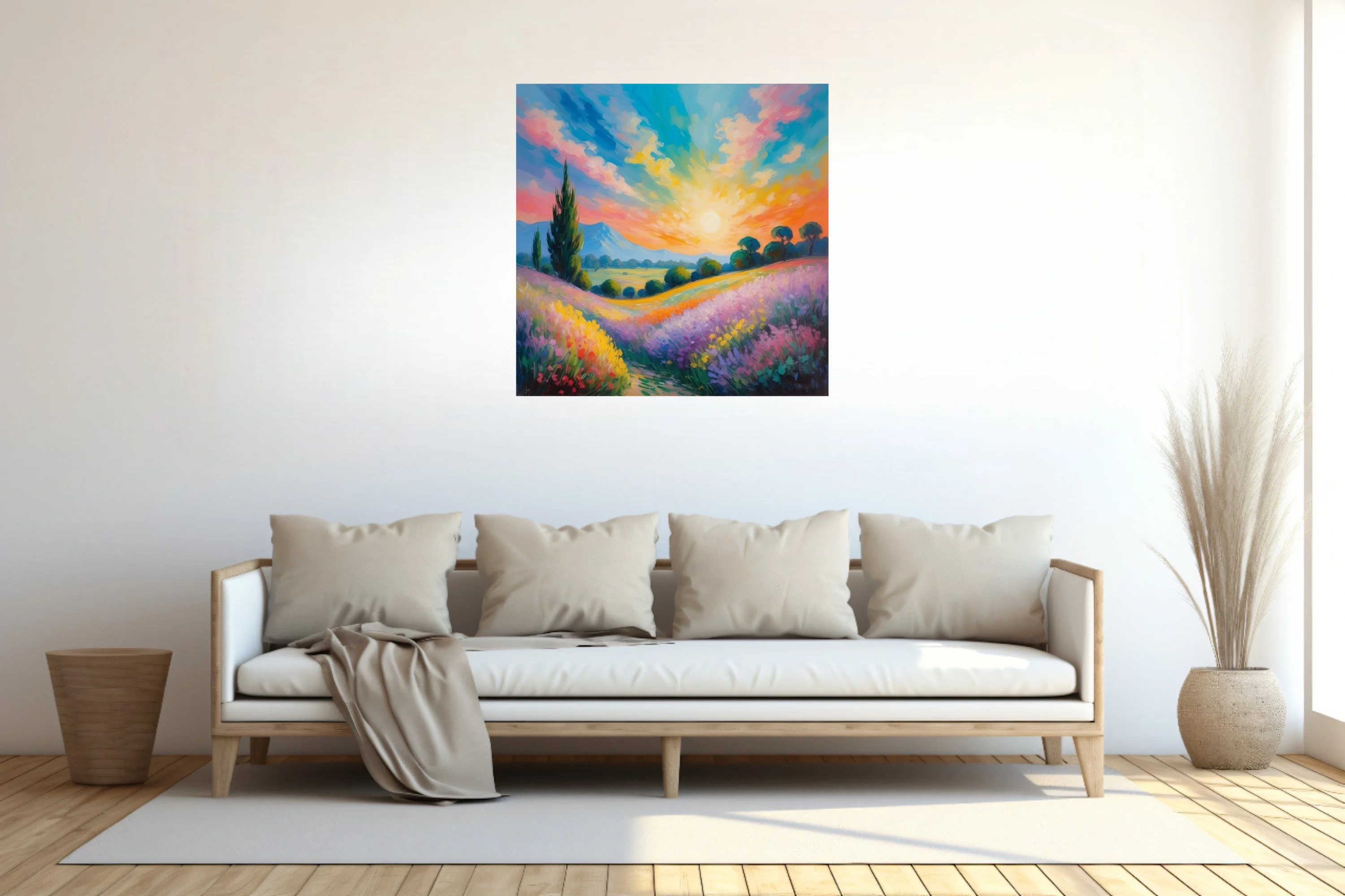 Soft painterly sunset landscape with lavender fields, cypress, and rolling hills in vivid pastel color