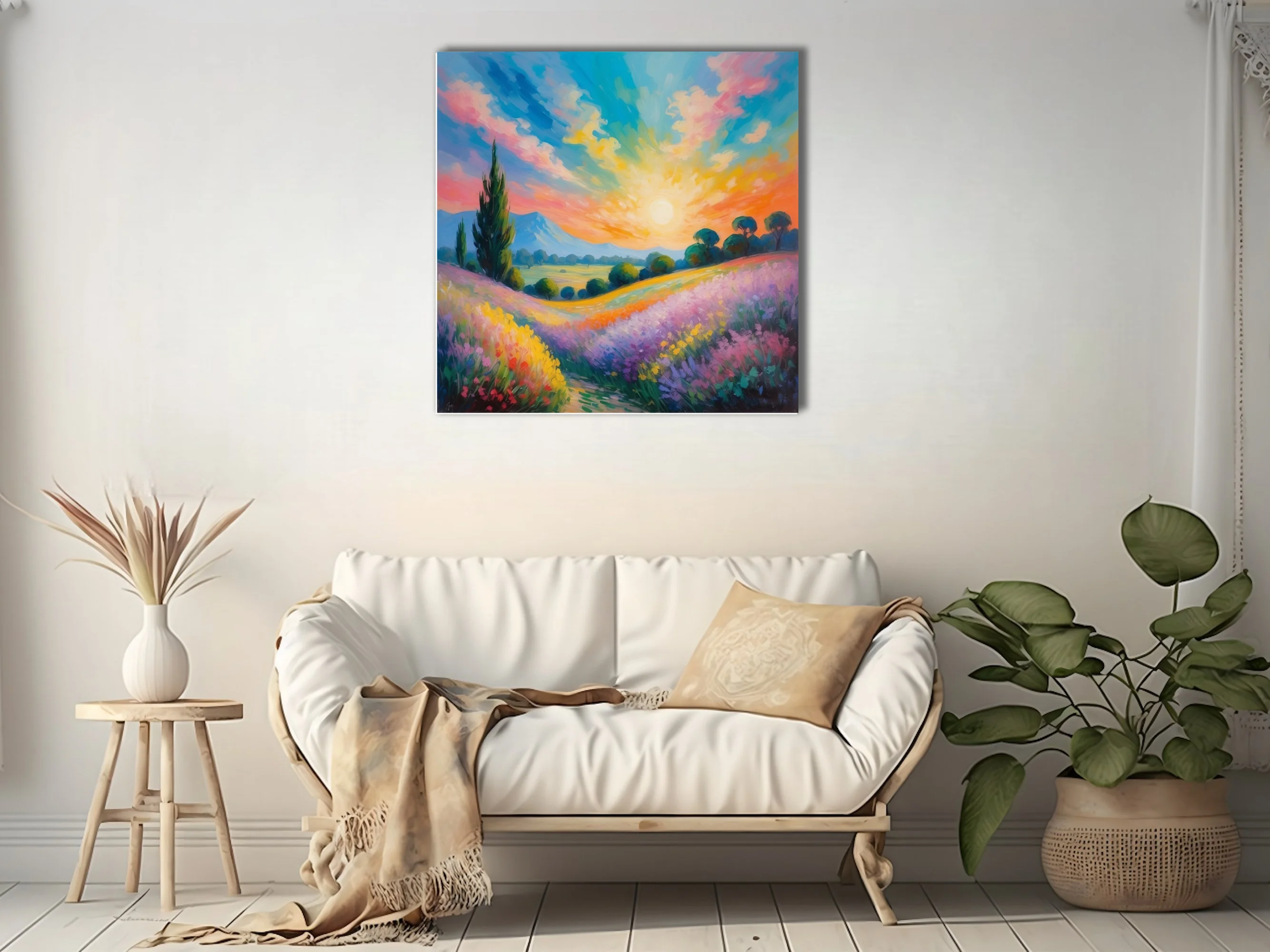 Soft painterly sunset landscape with lavender fields, cypress, and rolling hills in vivid pastel color