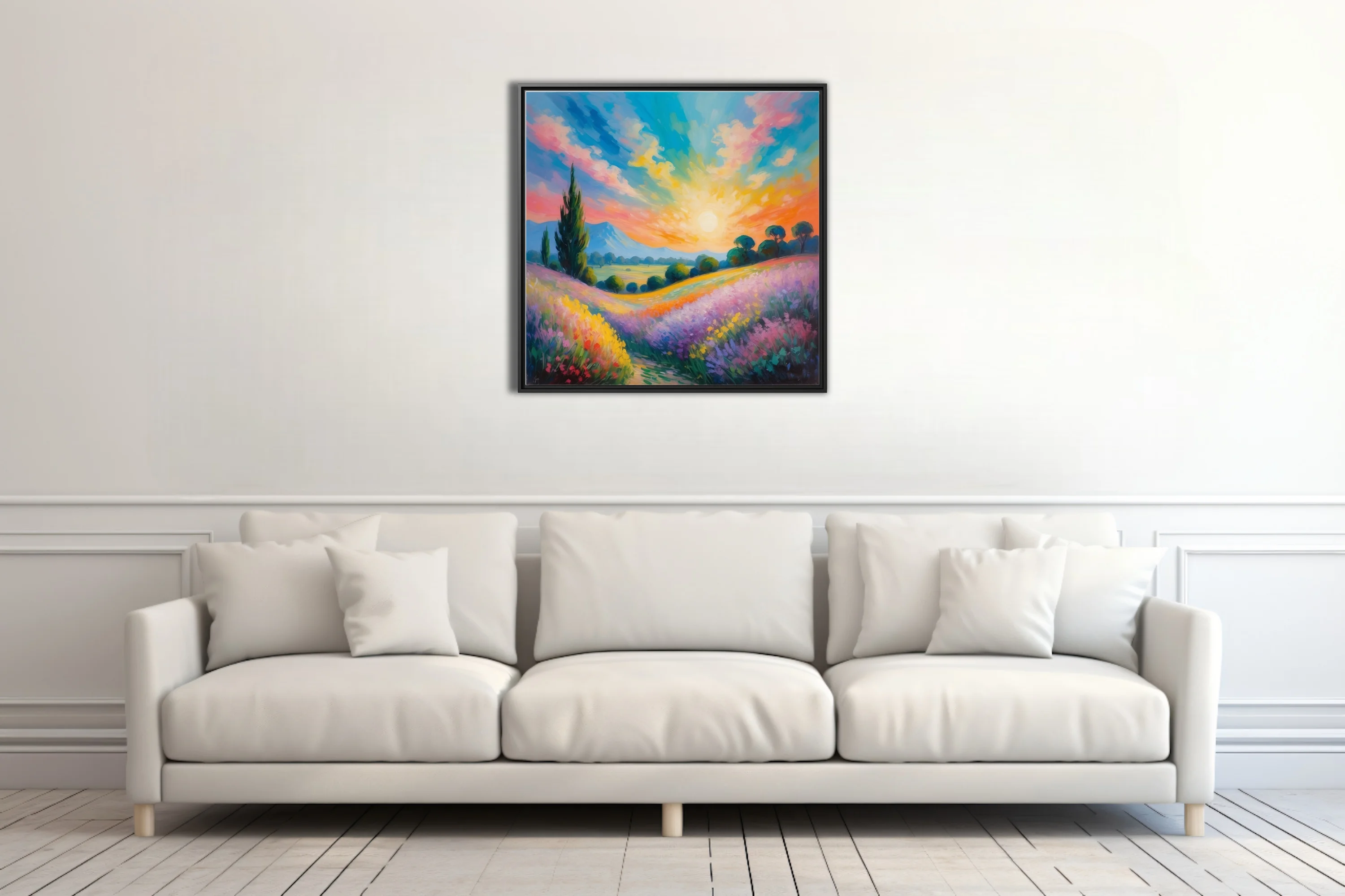 Soft painterly sunset landscape with lavender fields, cypress, and rolling hills in vivid pastel color