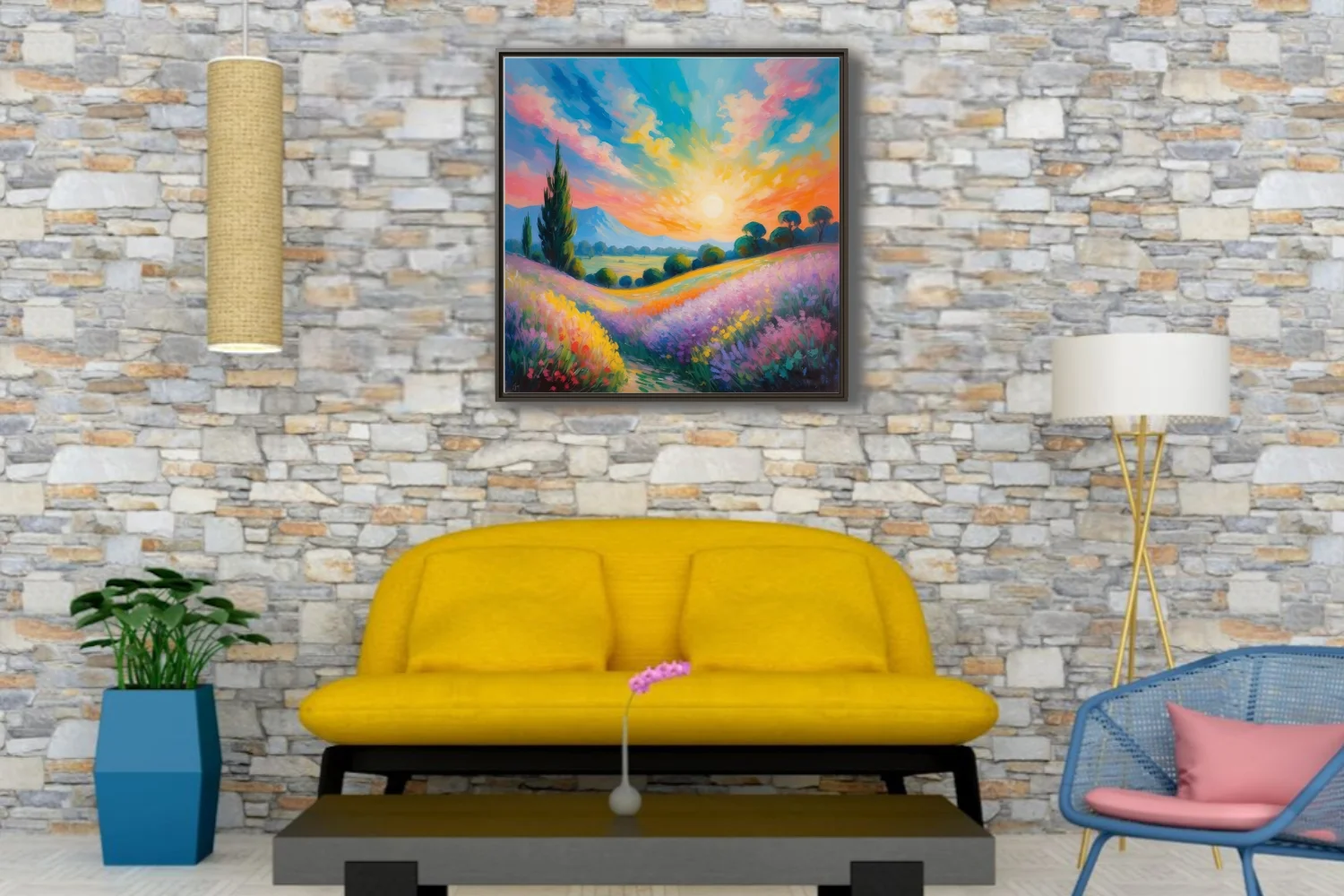 Soft painterly sunset landscape with lavender fields, cypress, and rolling hills in vivid pastel color