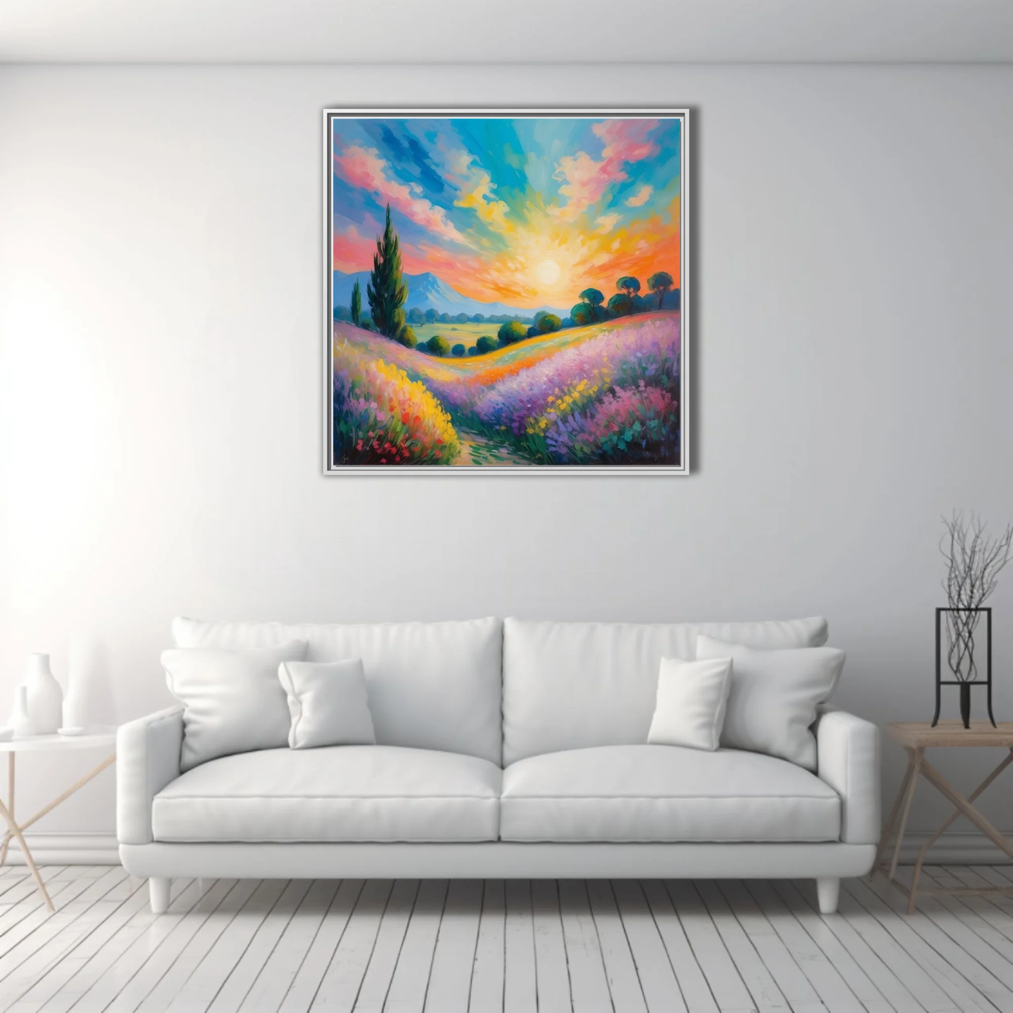 Soft painterly sunset landscape with lavender fields, cypress, and rolling hills in vivid pastel color