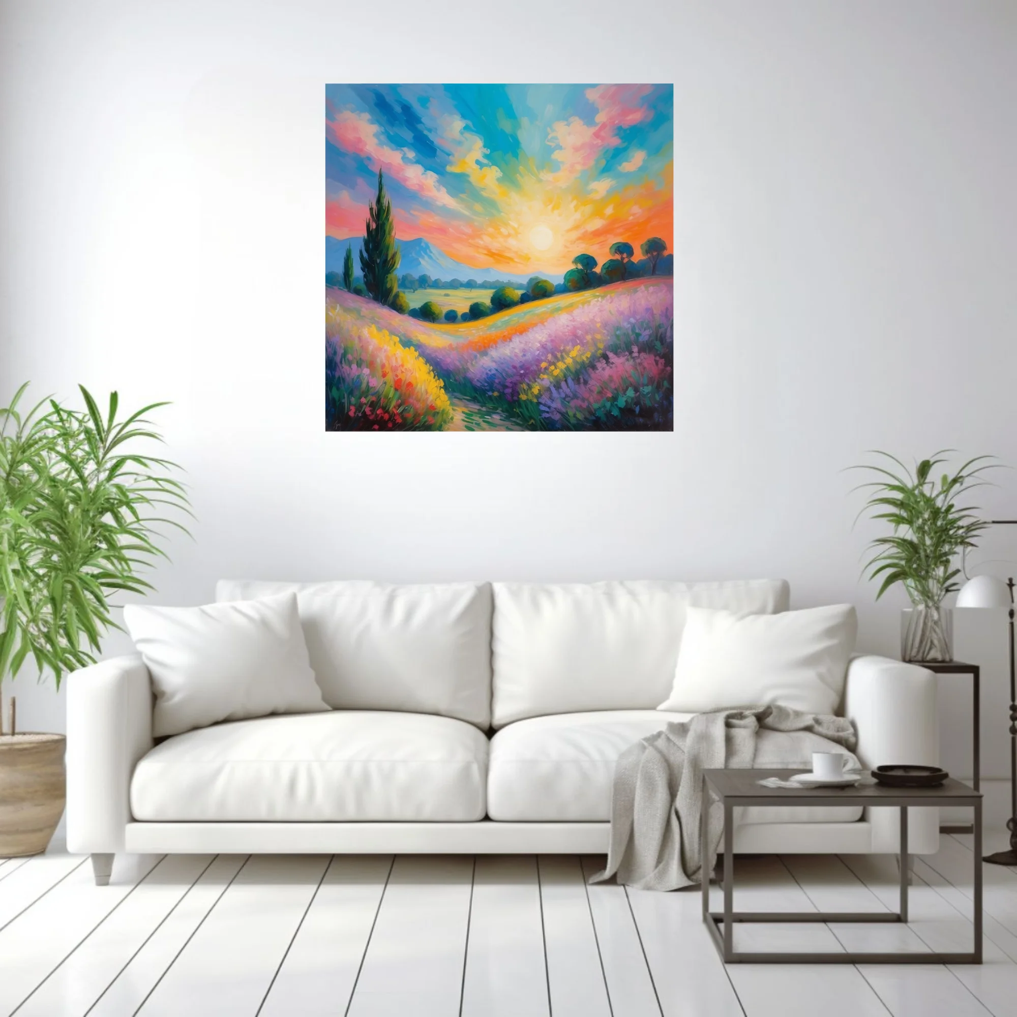 Soft painterly sunset landscape with lavender fields, cypress, and rolling hills in vivid pastel color
