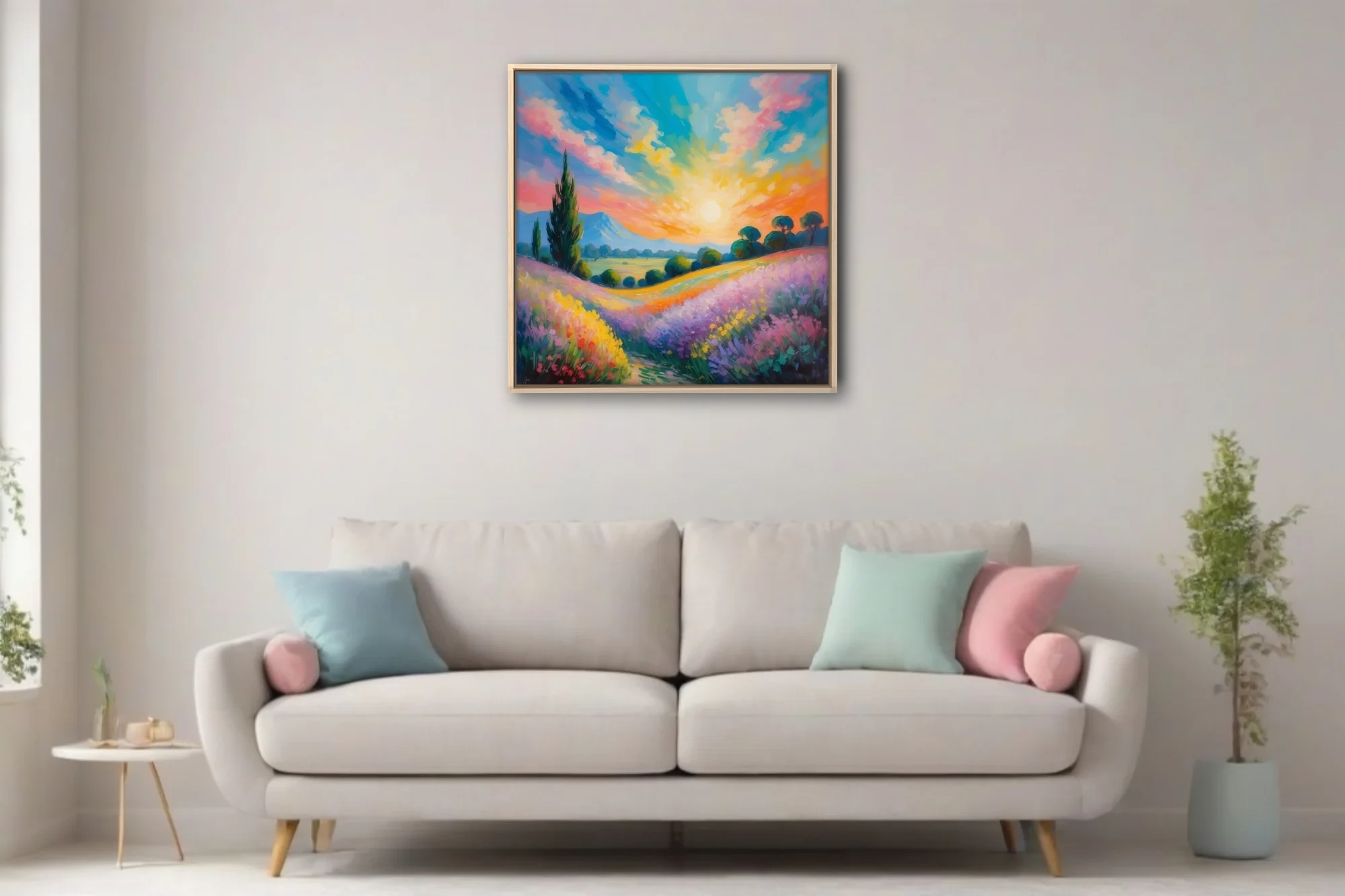 Soft painterly sunset landscape with lavender fields, cypress, and rolling hills in vivid pastel color