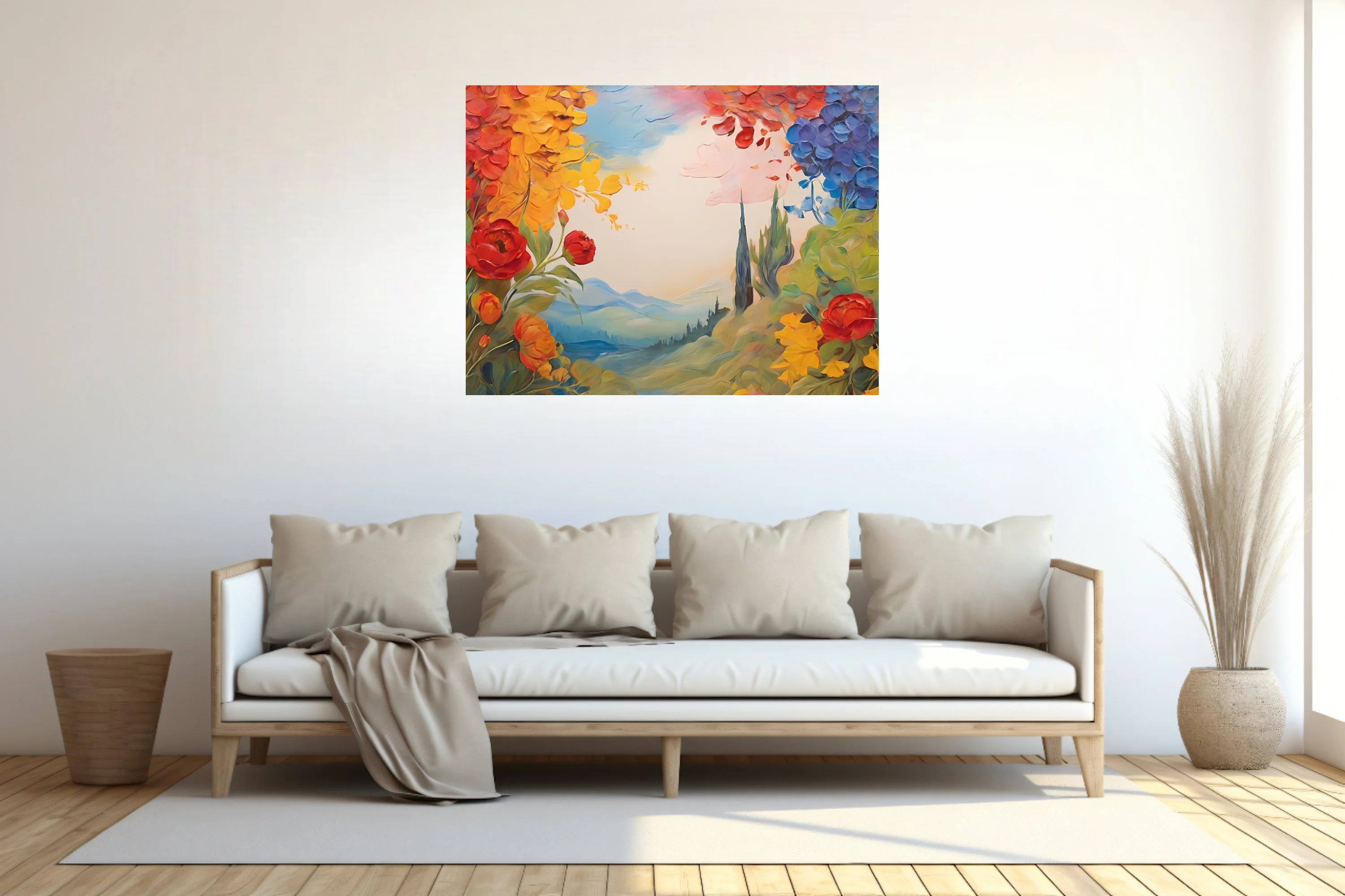 Vivid floral landscape with cypress and hills in red, gold, and cobalt