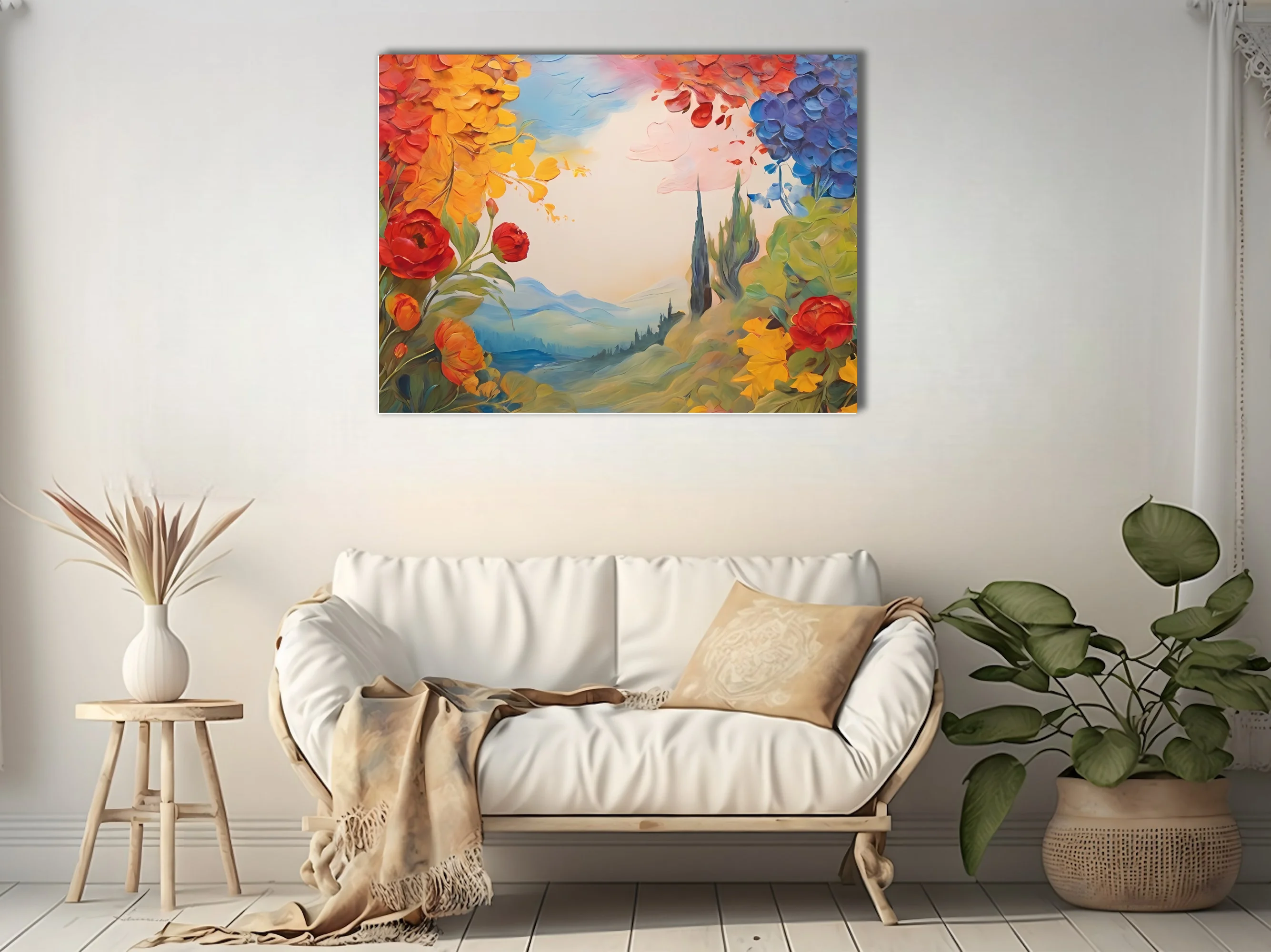Vivid floral landscape with cypress and hills in red, gold, and cobalt